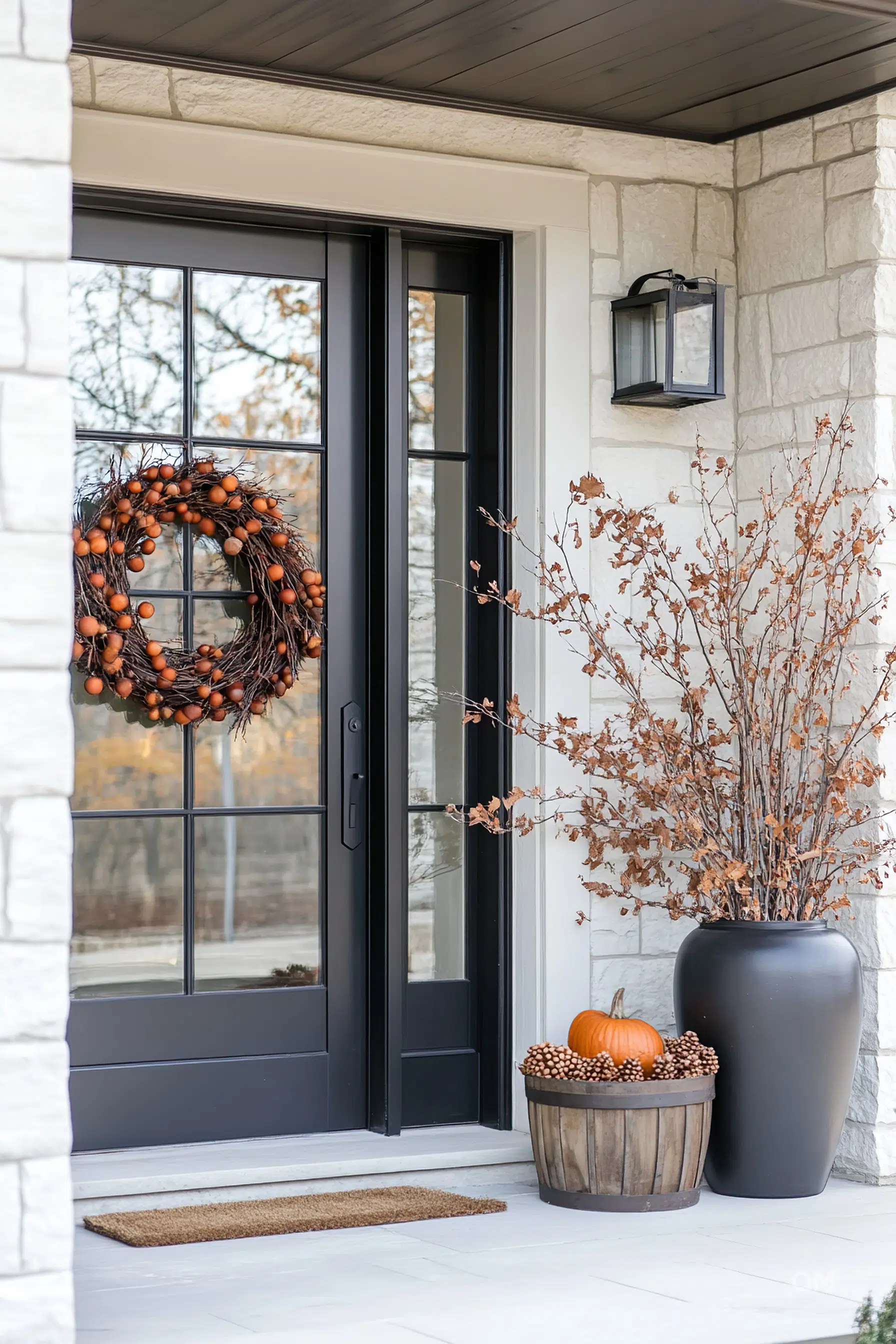 ALT: A warm autumn-themed front door with a black frame, adorned with a wreath of acorns, next to a planter with dry branches and pumpkins.