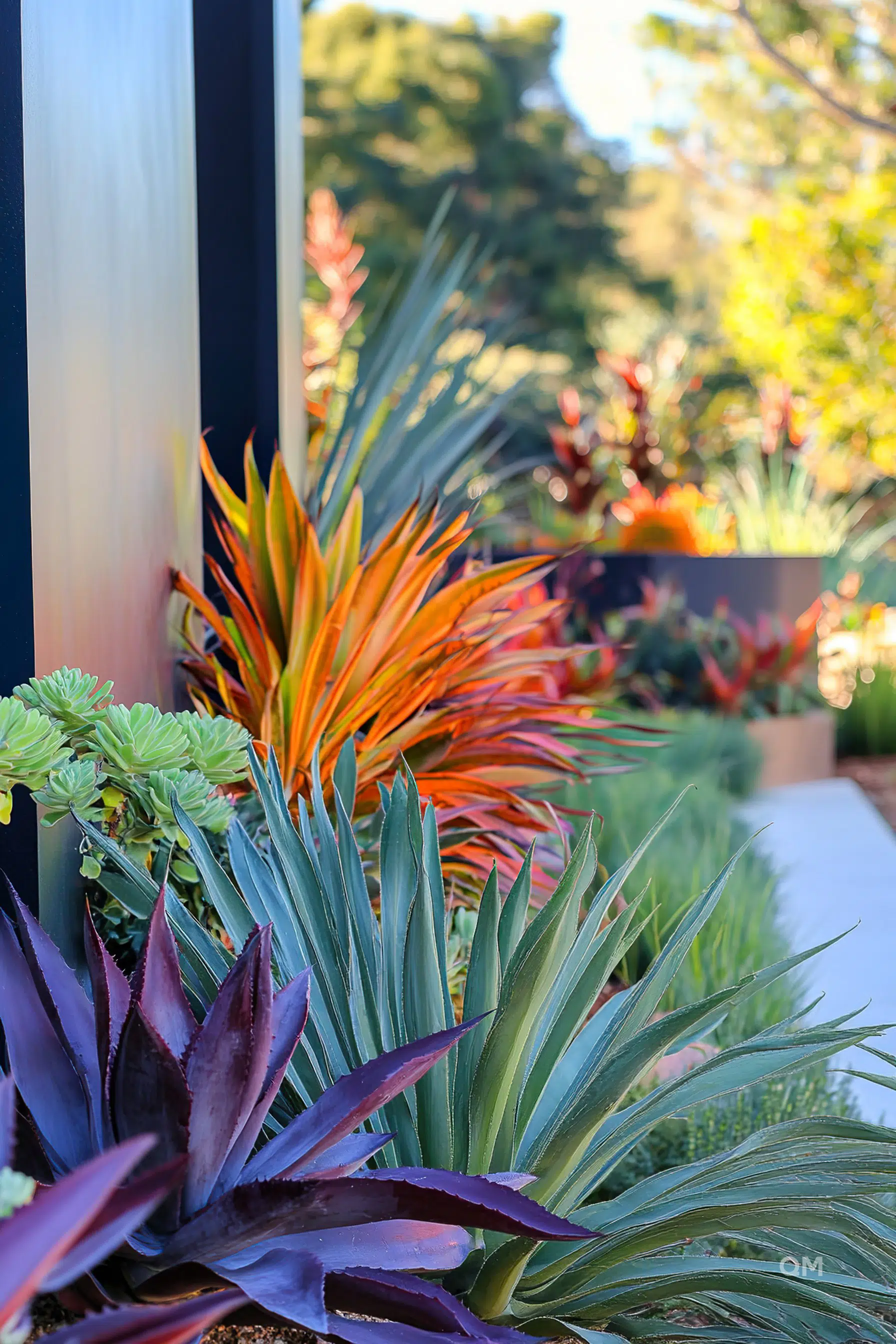 Vibrant garden pathway bordered by colorful foliage including orange, green, and purple plants with soft focus on lush background.