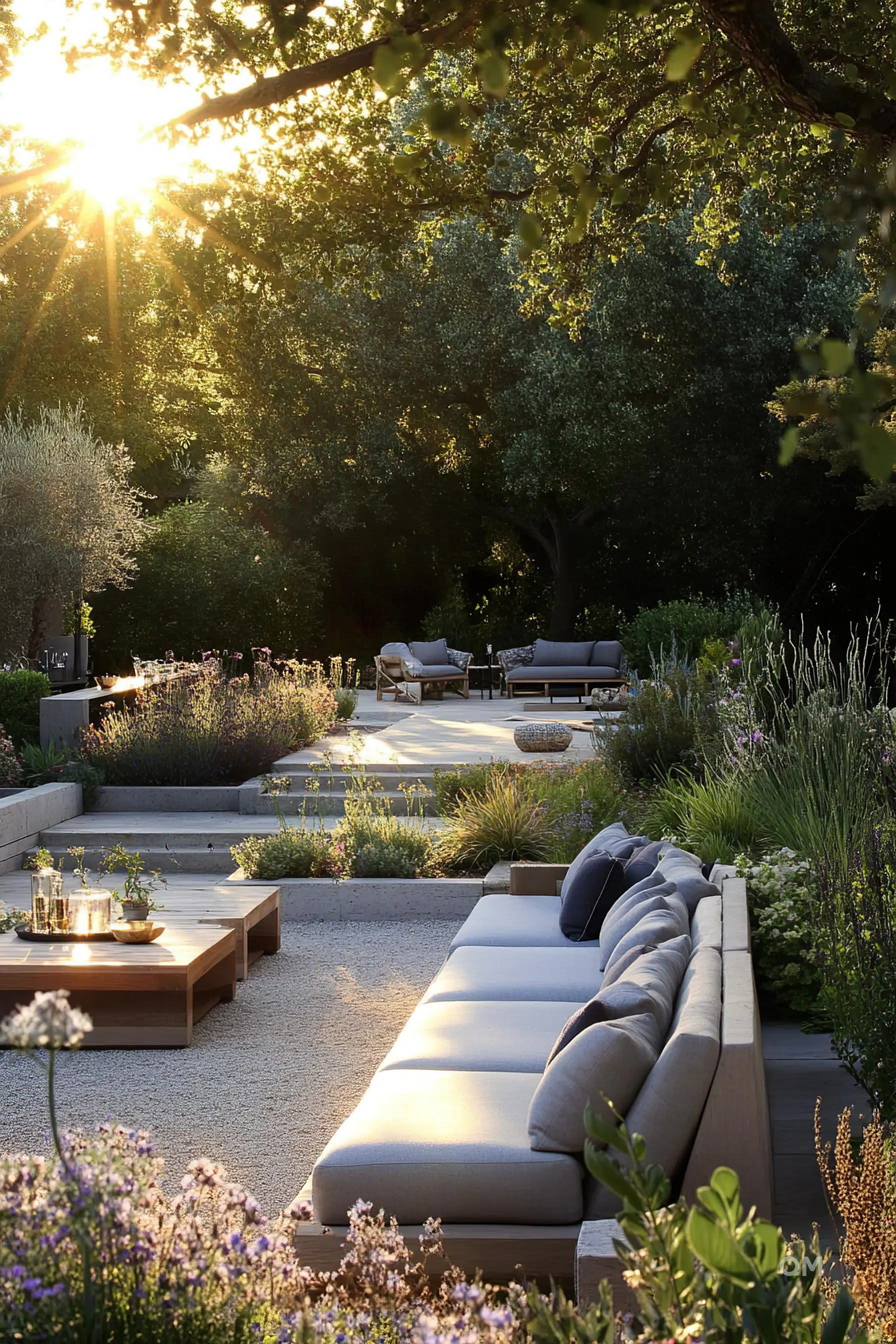 Sunlight streaming through trees onto an elegant garden with modern outdoor furniture, surrounded by lush plants at dusk.