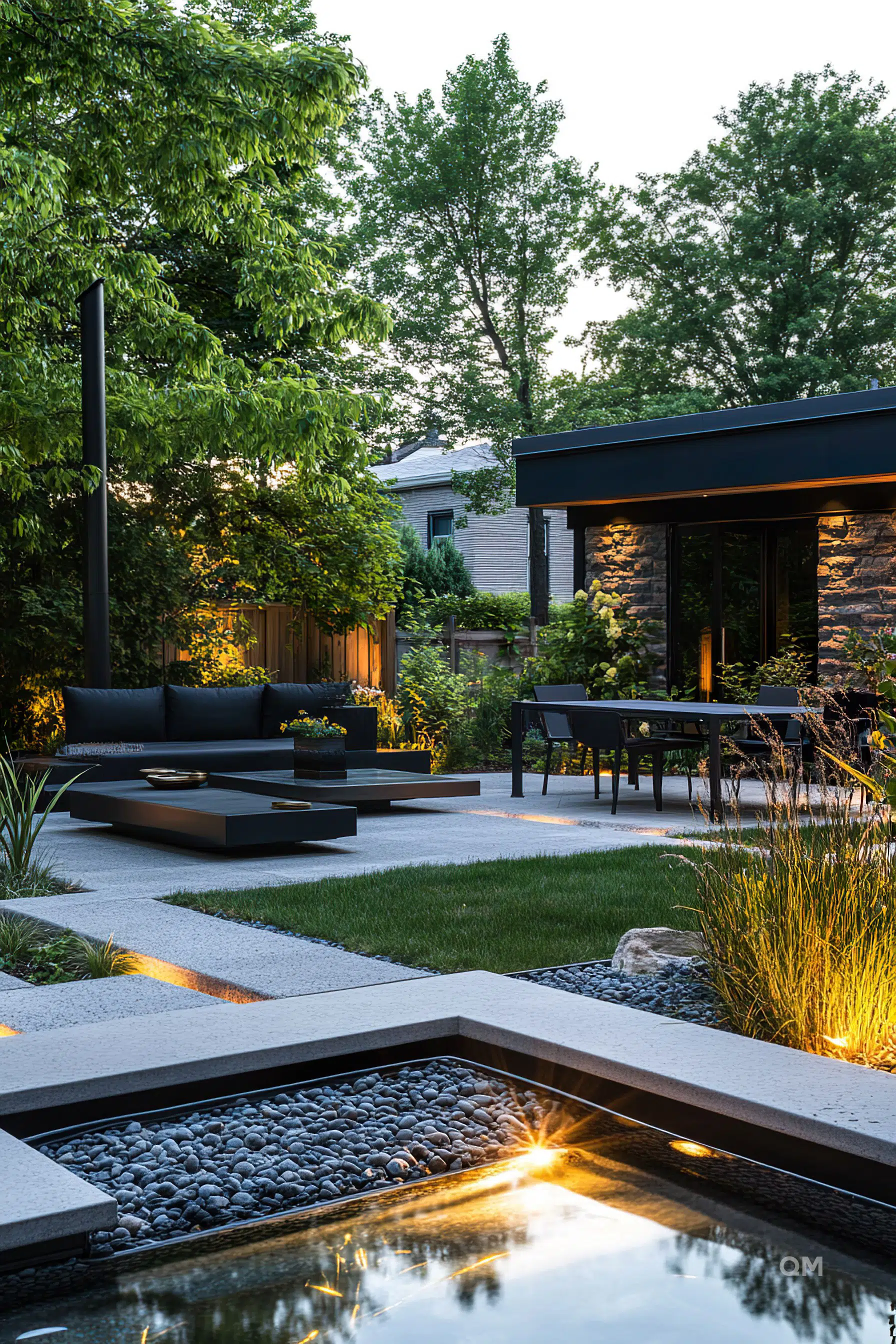 Modern backyard at dusk with stylish outdoor furniture, ambient lighting, reflective water feature, and lush greenery.