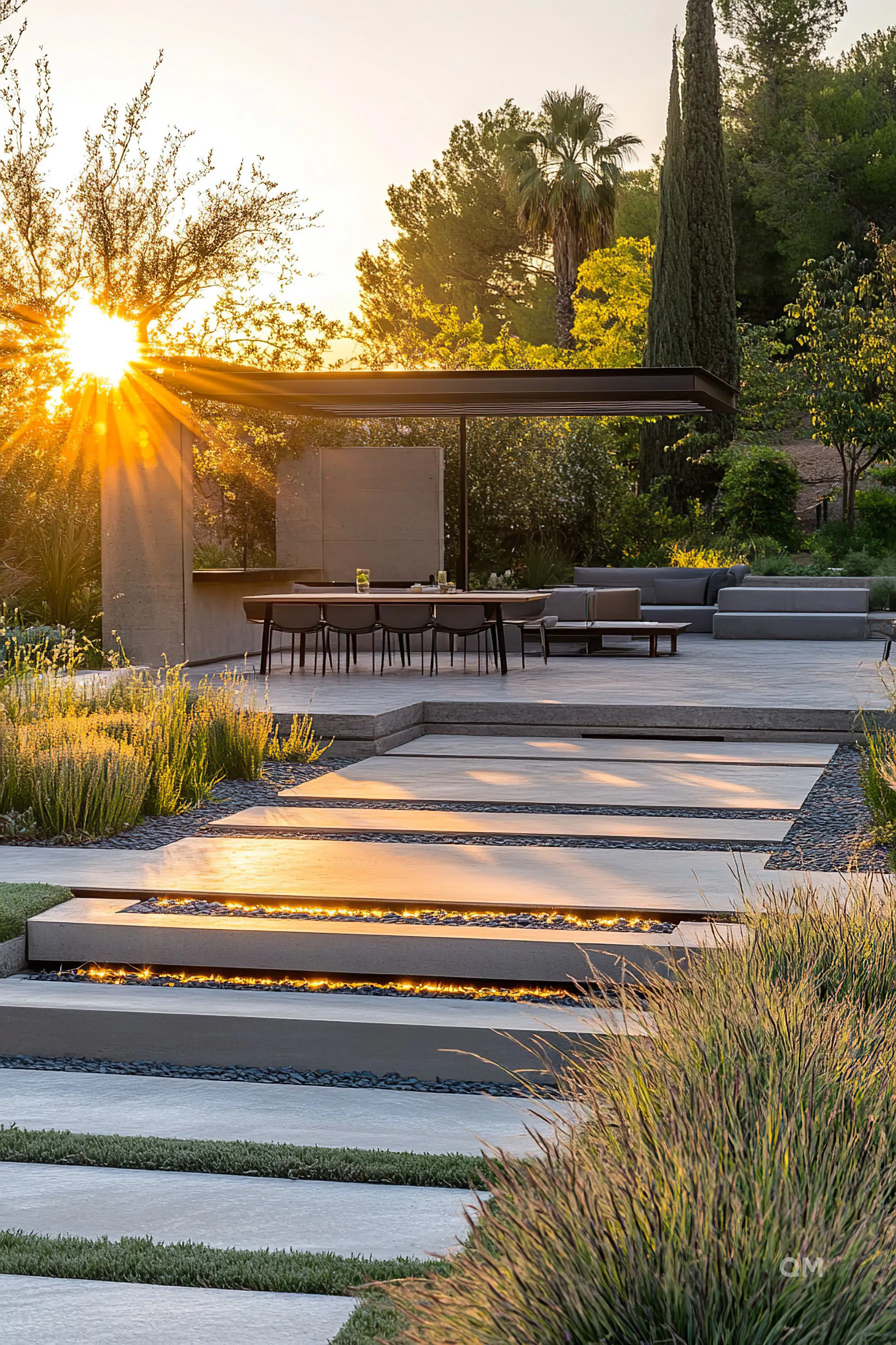 Sunset over a modern outdoor patio with steps, dining area, lounge furniture, surrounded by ornamental grasses and trees.