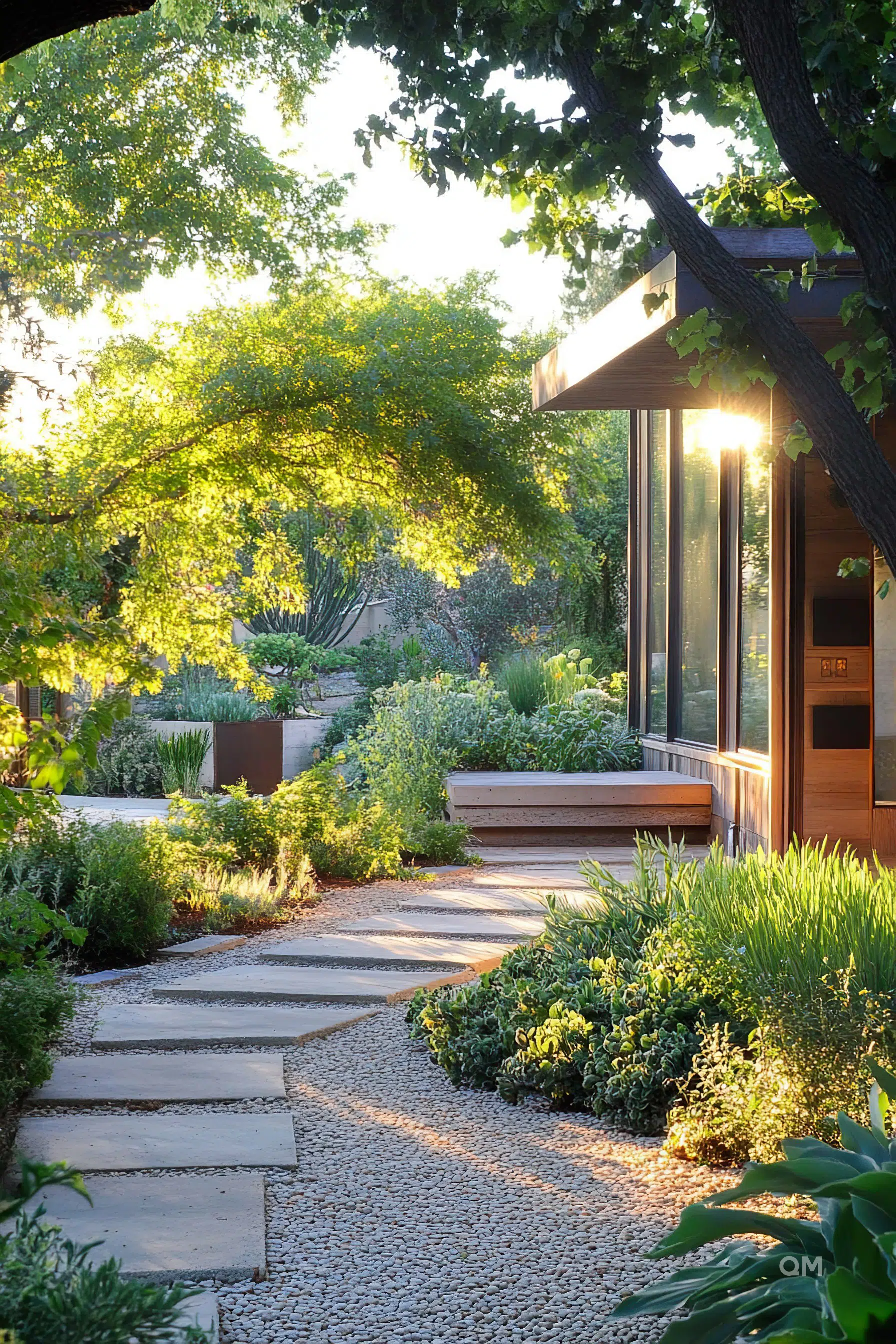 Modern house with large windows at sunset, surrounded by a lush garden with a pebble pathway and wooden benches.