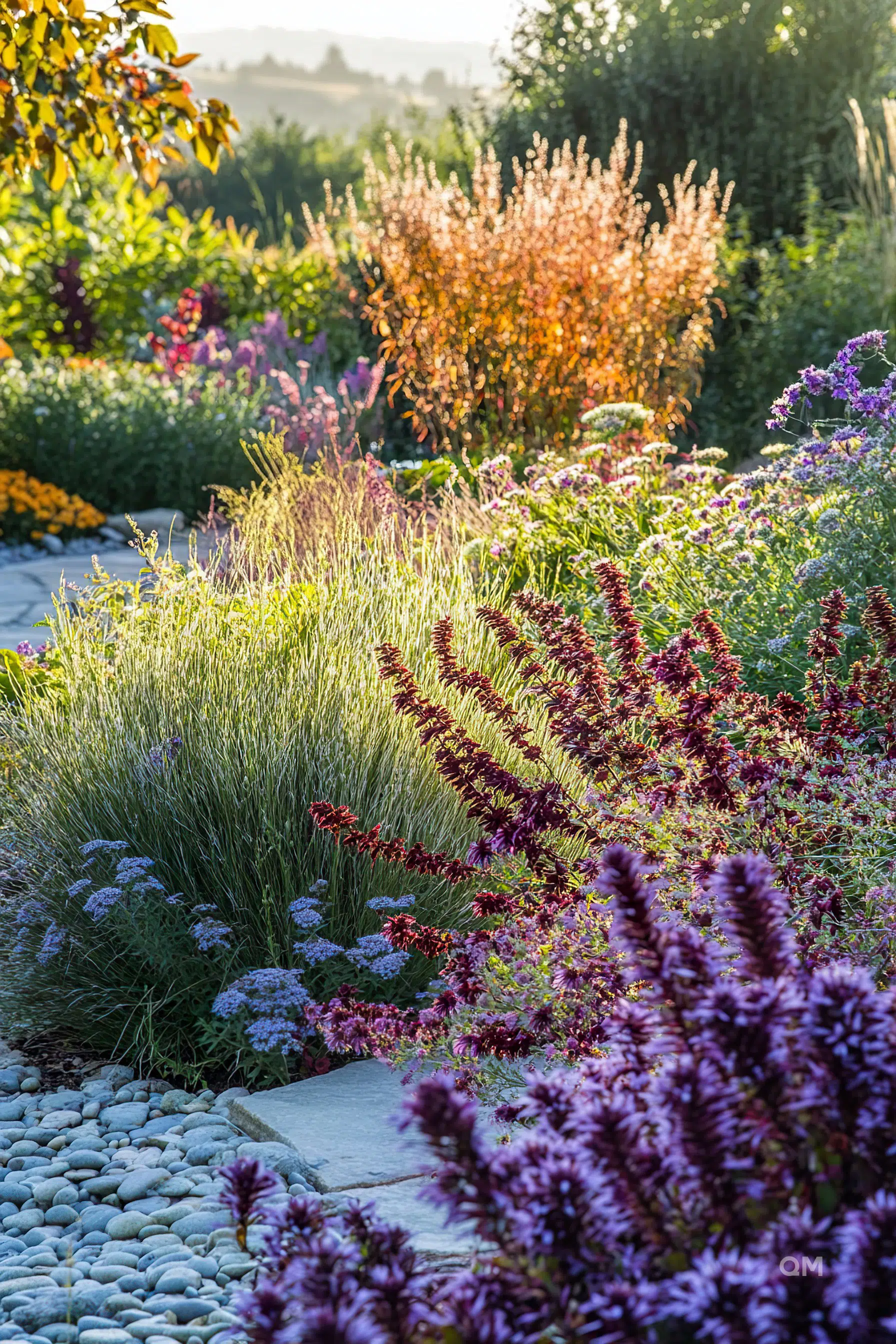 A vibrant garden pathway lined with a variety of colorful flowers and ornamental grasses, basking in soft sunlight.