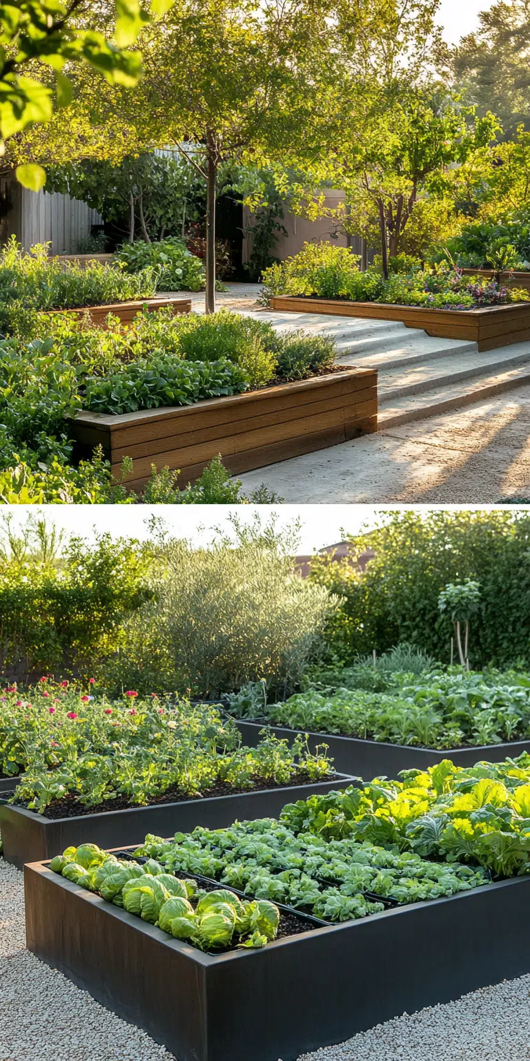 A serene garden with raised wooden beds filled with lush vegetables and surrounded by trees and plants, basking in the golden sunlight.