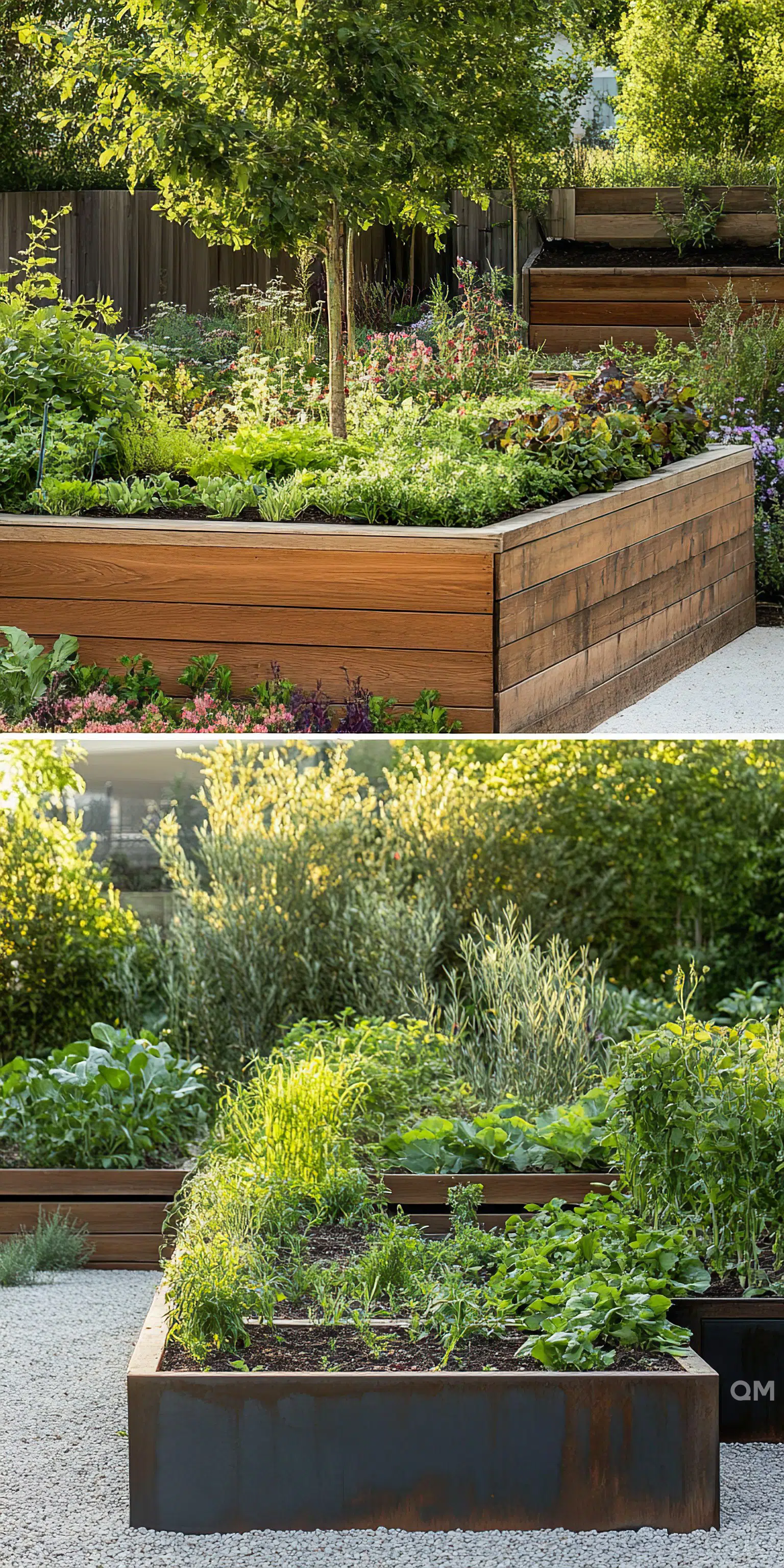 Raised garden beds with lush greenery and flowering plants in a well-kept backyard garden.