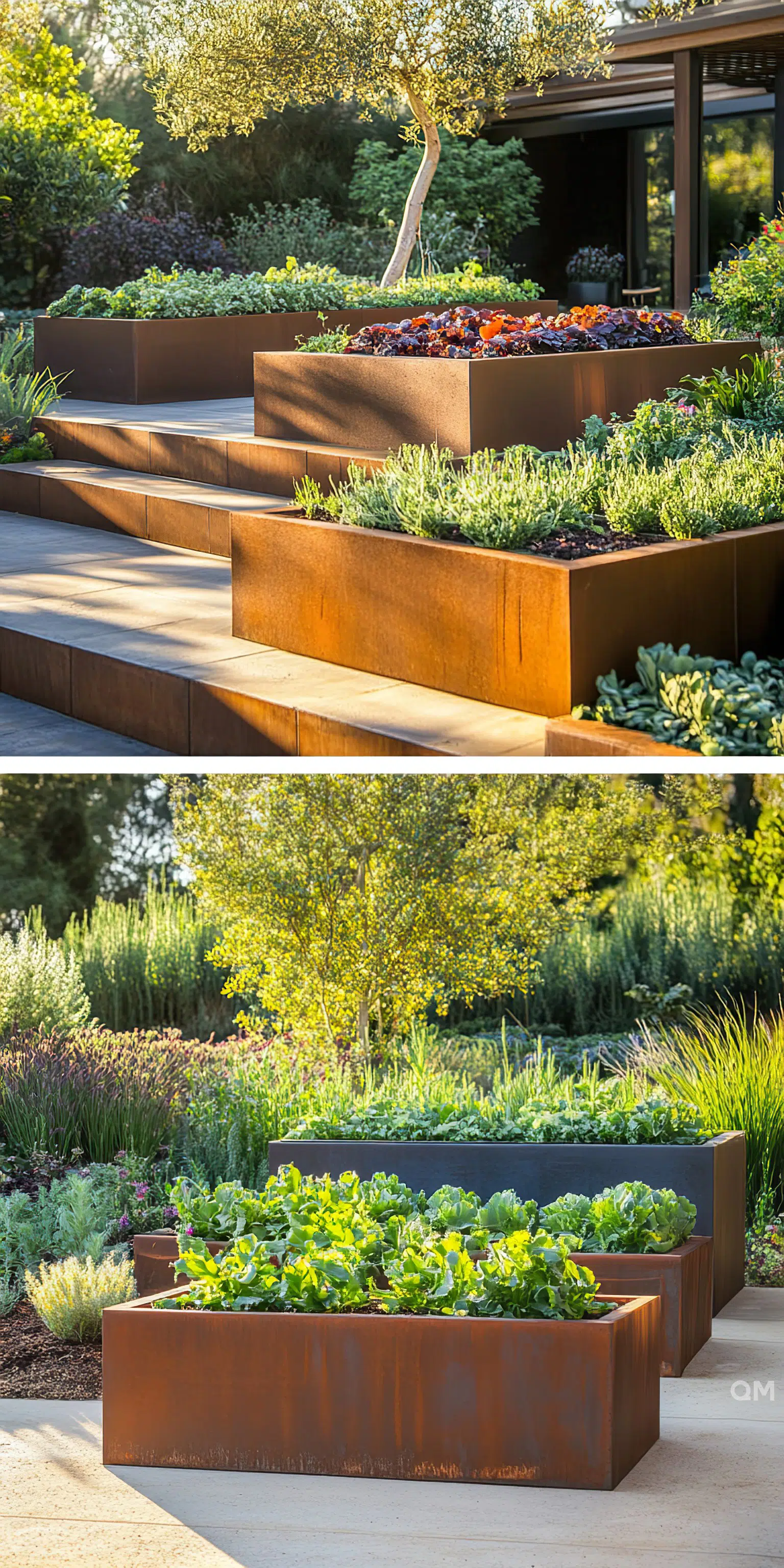 Raised garden beds with lush plants in a well-landscaped outdoor space, glowing in golden sunlight.
