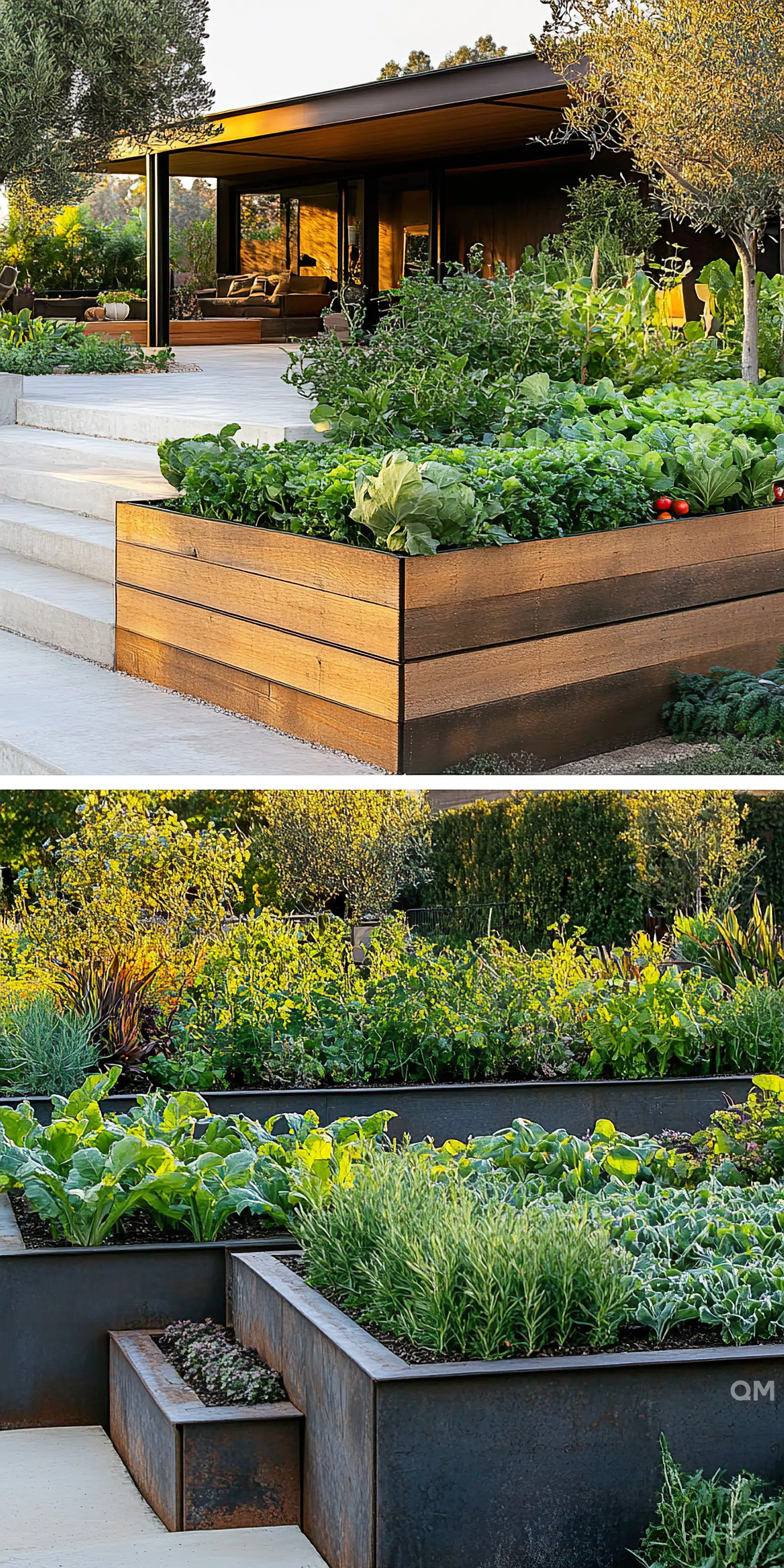 ALT Text: "Raised garden beds with a variety of lush vegetables in front of a modern house with large glass windows and a flat roof."