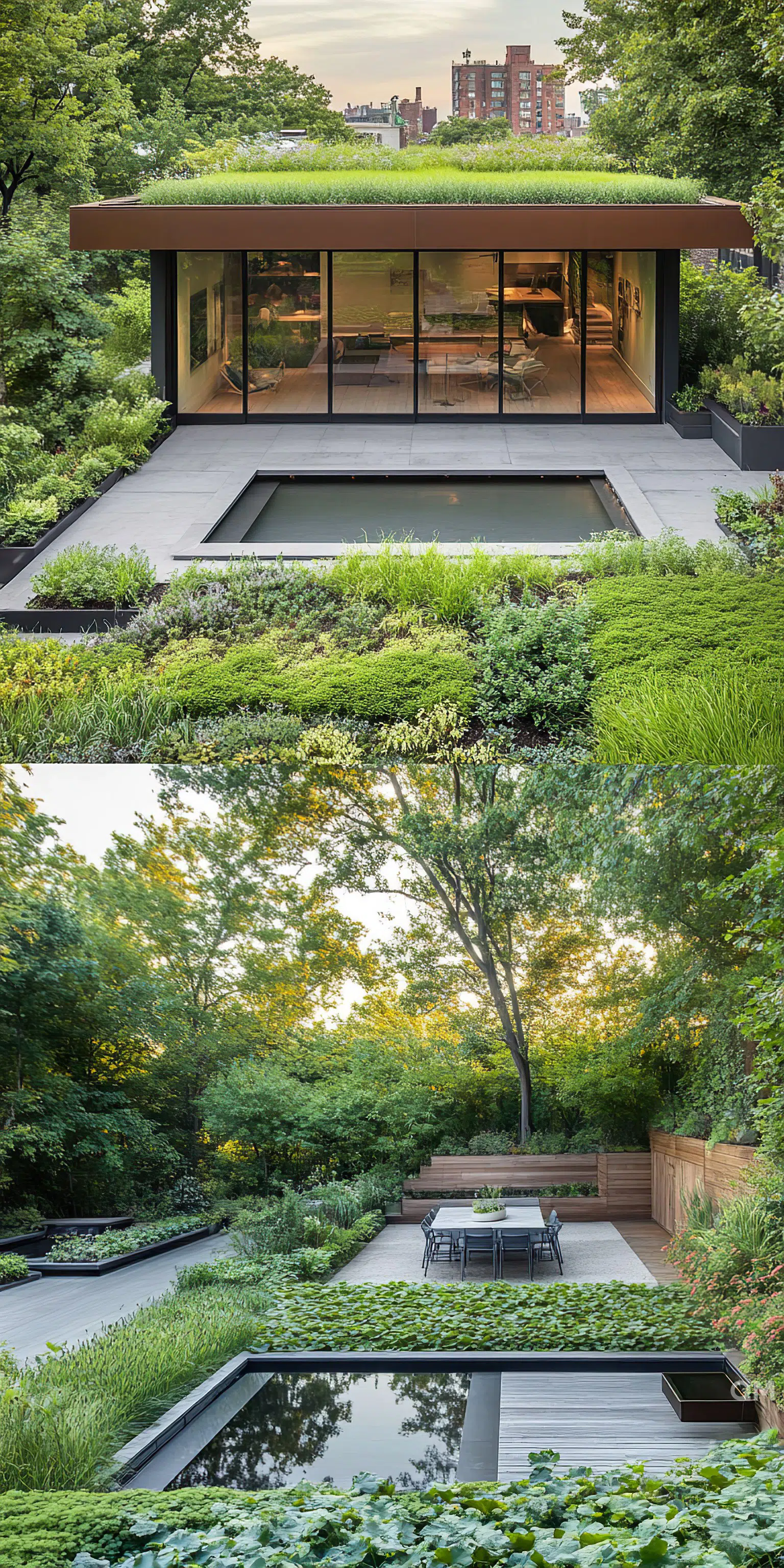 Modern house with green roof overlooking a lush garden with reflecting pool and outdoor dining area.