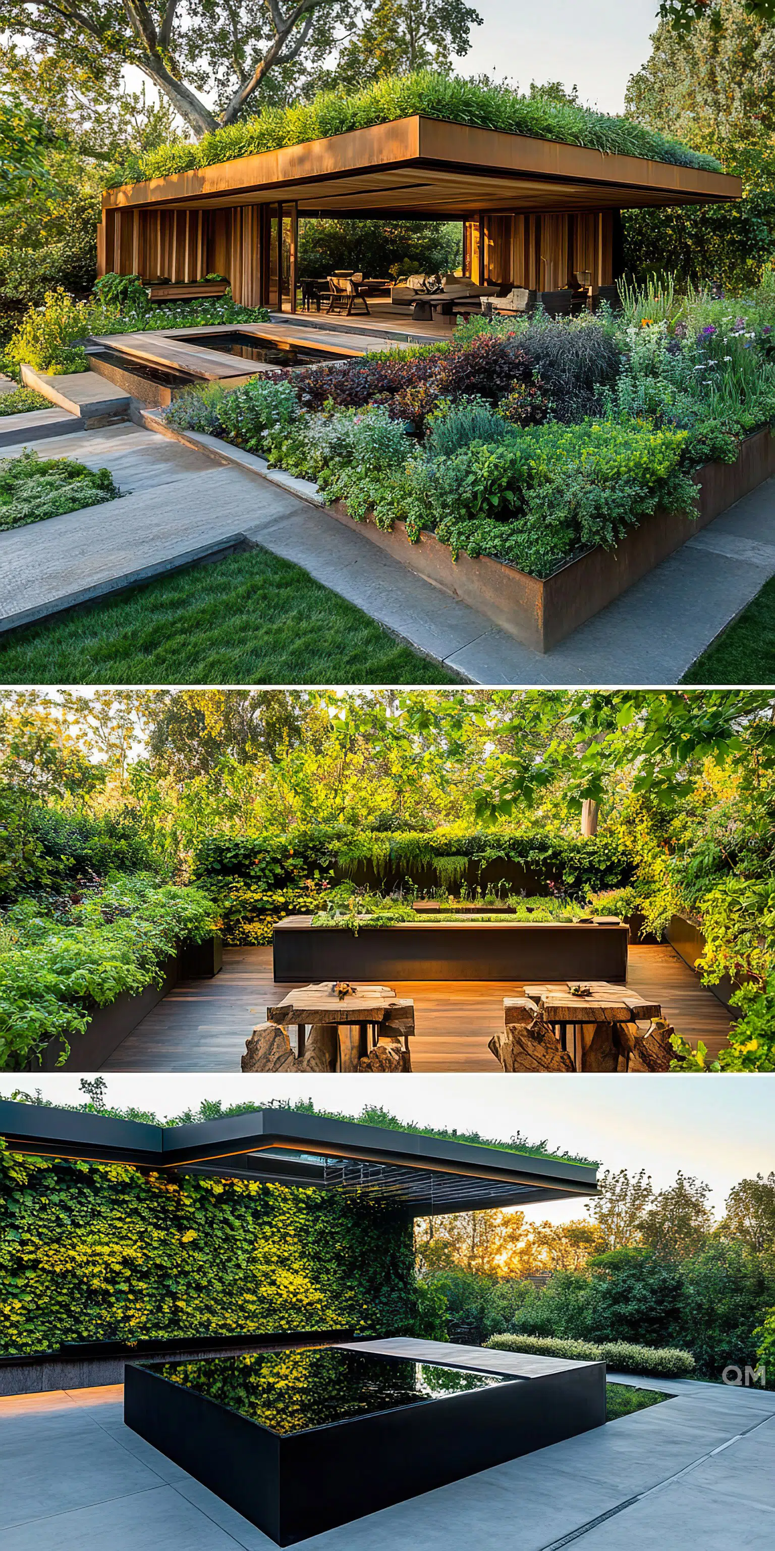 Modern outdoor pavilion with a green roof, surrounded by lush gardens, featuring wooden benches and a reflective water feature.