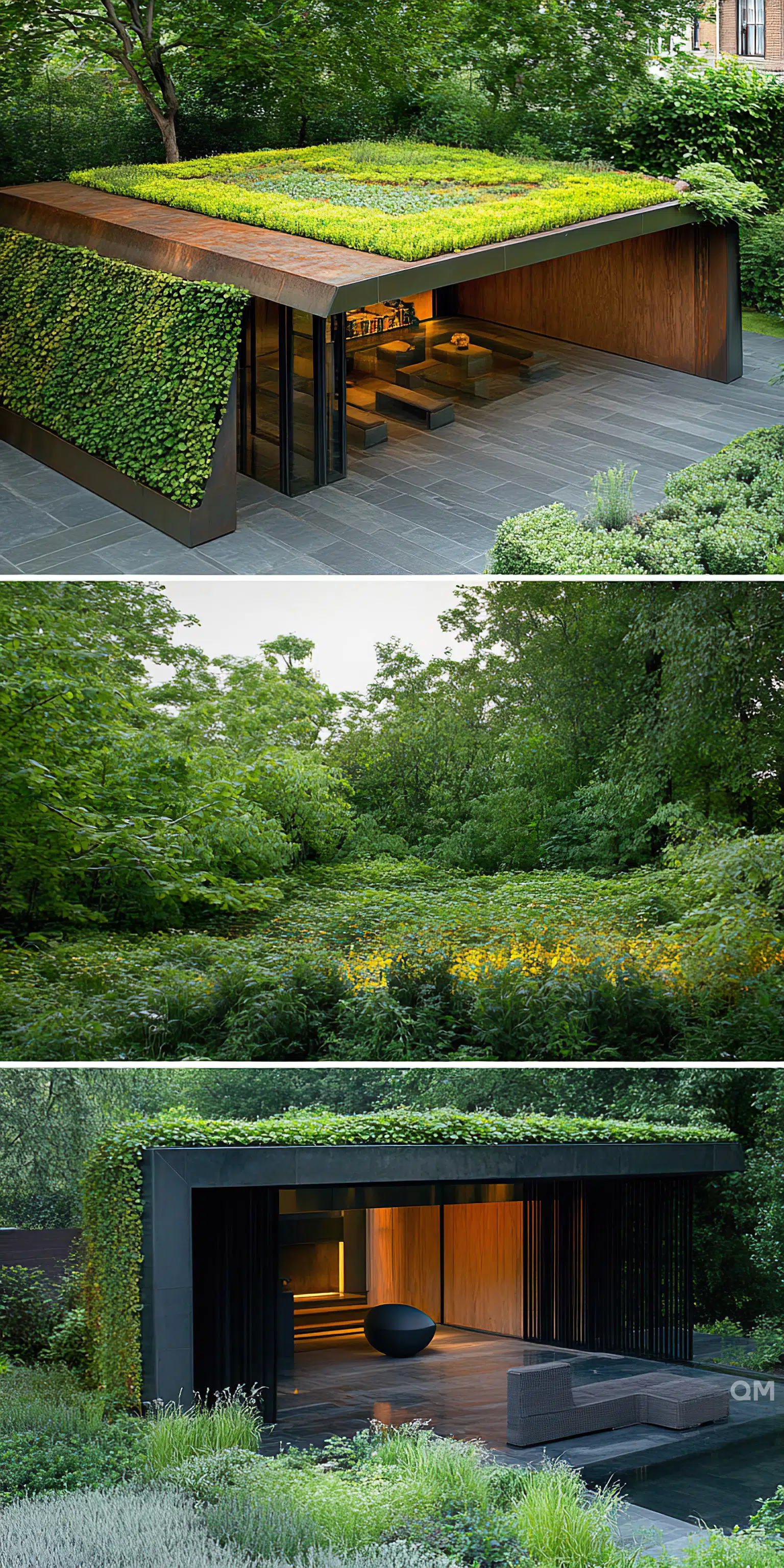 A modern building with lush green living roofs and walls, surrounded by a serene natural landscape, featuring wood and glass architectural elements.