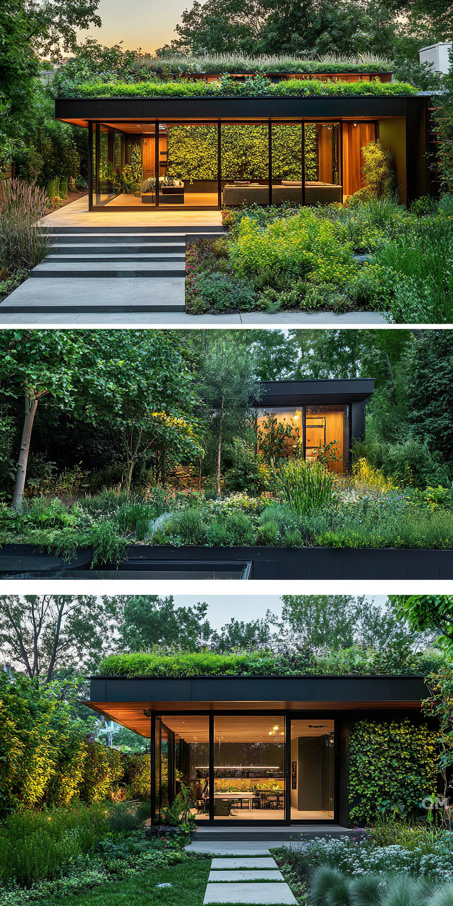 A modern house with large glass windows and a green roof nestled in lush surrounding gardens during different times of day.