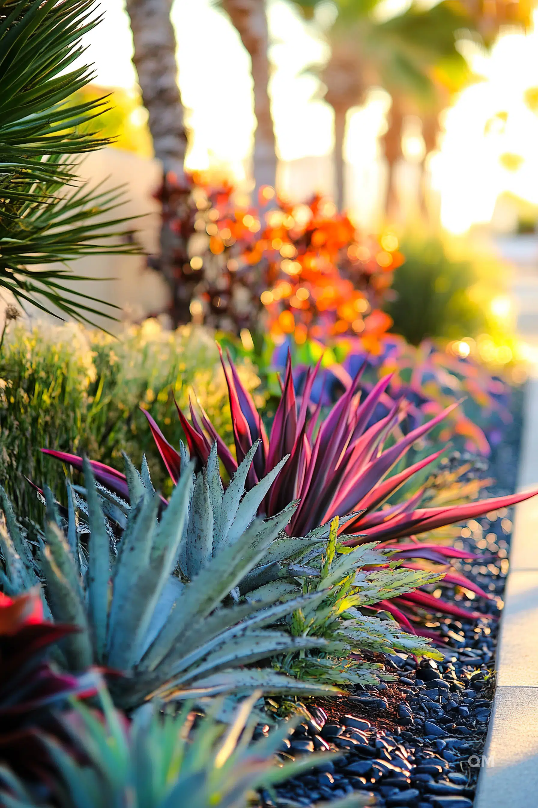 ALT: A vibrant garden pathway lined with multi-colored plants and palm trees, bathed in warm sunlight, creating a picturesque scene.