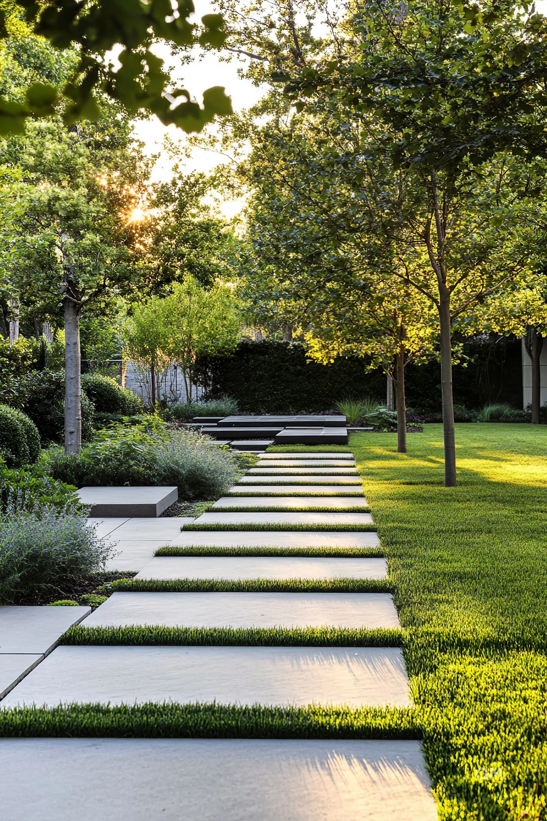 A modern garden pathway with large rectangular stepping stones bordered by manicured grass, surrounded by trees and shrubs at sunset.