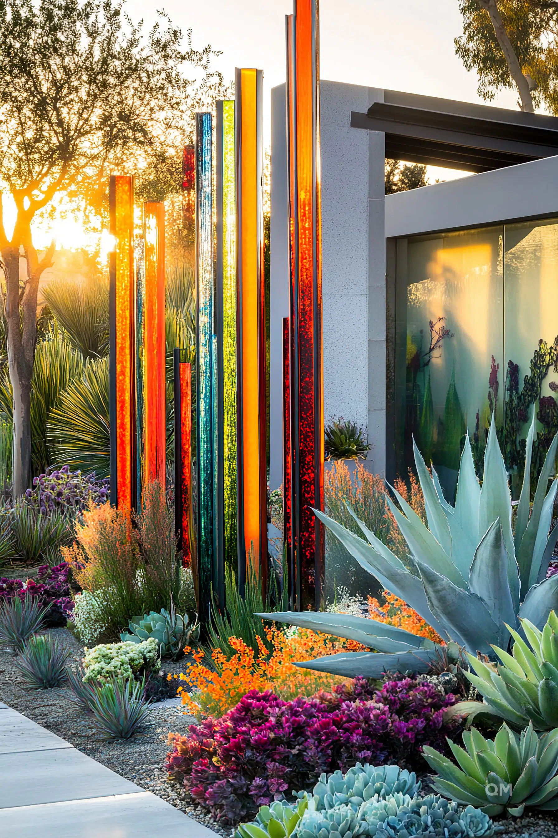 Colorful vertical glass panels stand among a vivid desert garden at sunset, creating a striking fusion of art and nature.