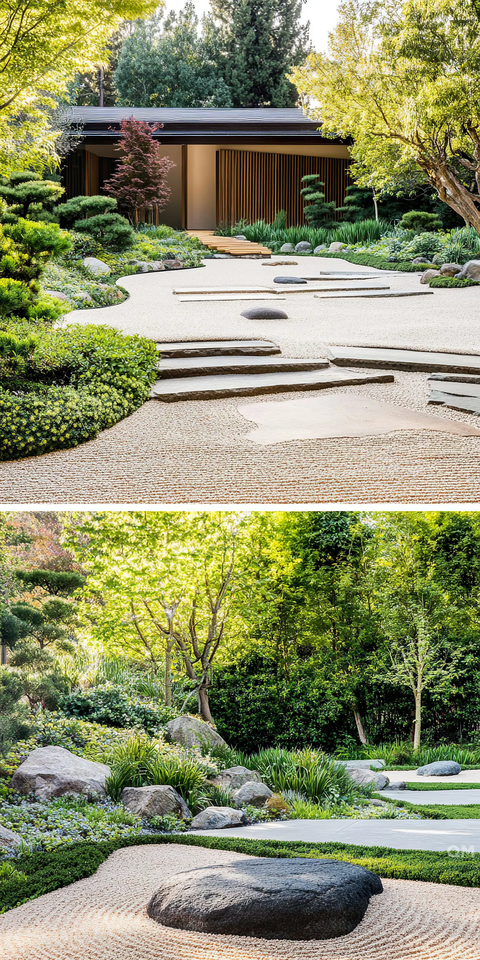 Zen garden with stepping stones and raked gravel, modern structure in the background, lush greenery and large rocks throughout.