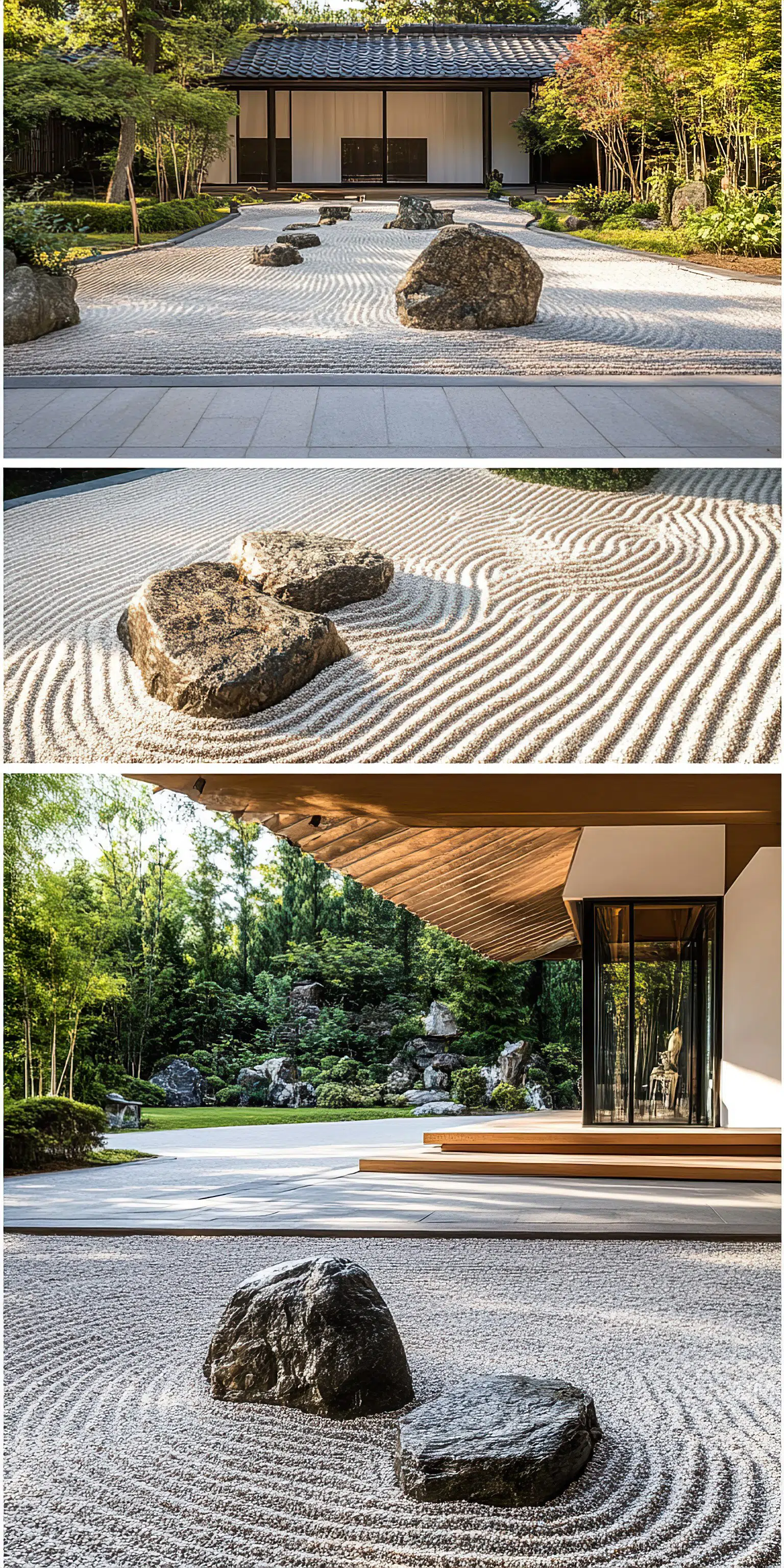 Two images of a Zen garden with raked sand and strategically placed rocks, showcasing tranquility and minimalist beauty.