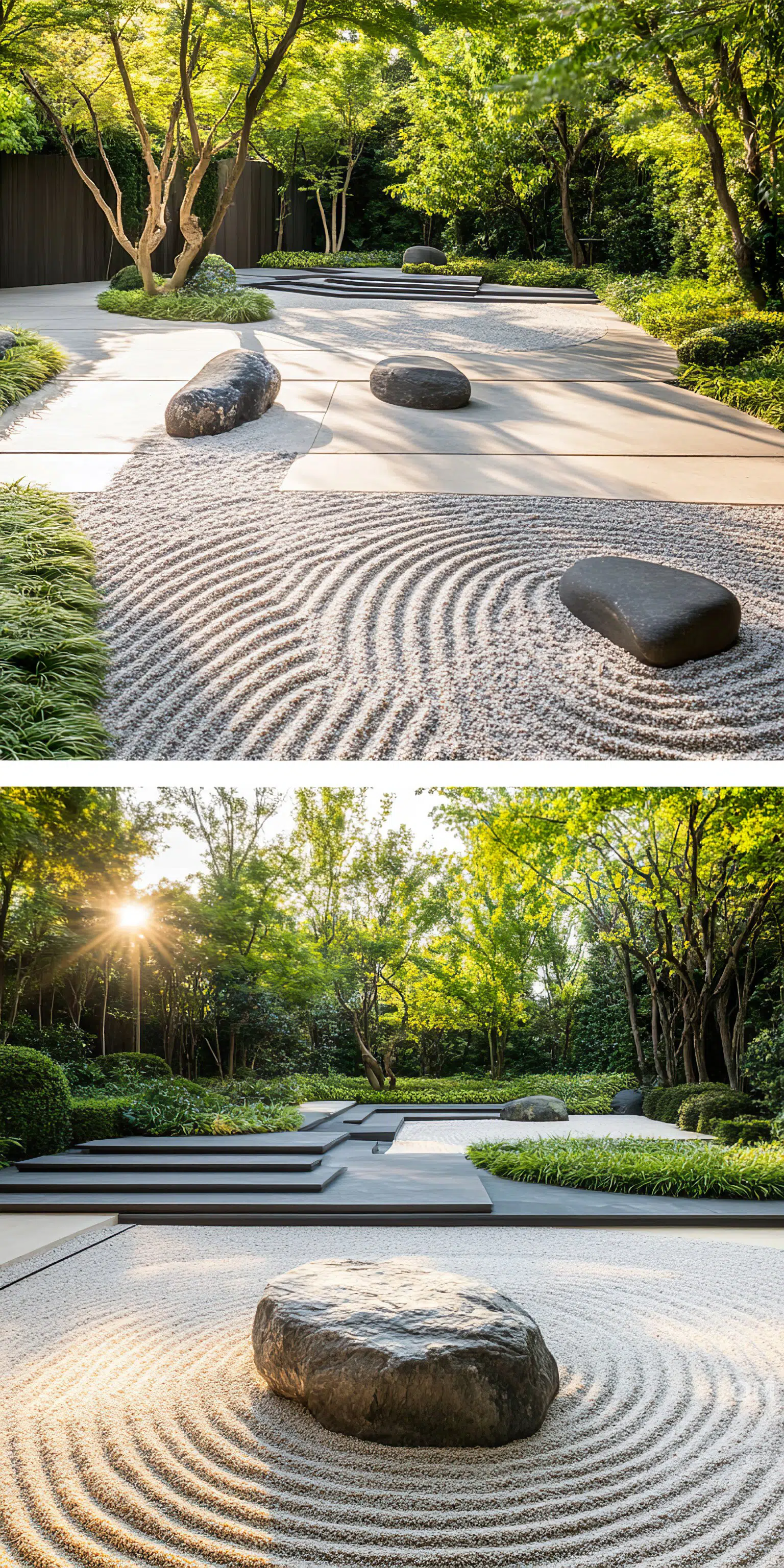 Zen garden with raked sand around smooth stones, surrounded by lush greenery and trees, under a serene, sunlit sky.