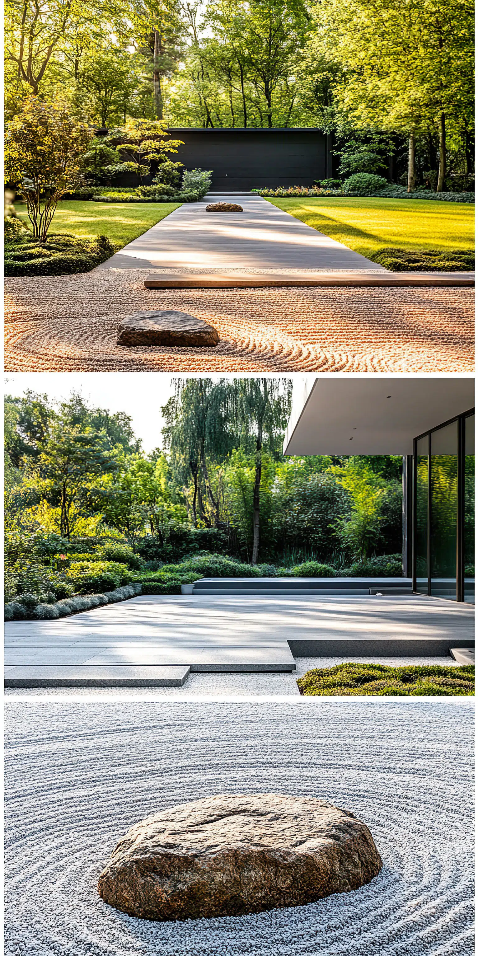 A serene Zen garden with rectangular stepping stones, a raked gravel area with a central rock, surrounded by lush greenery and trees.