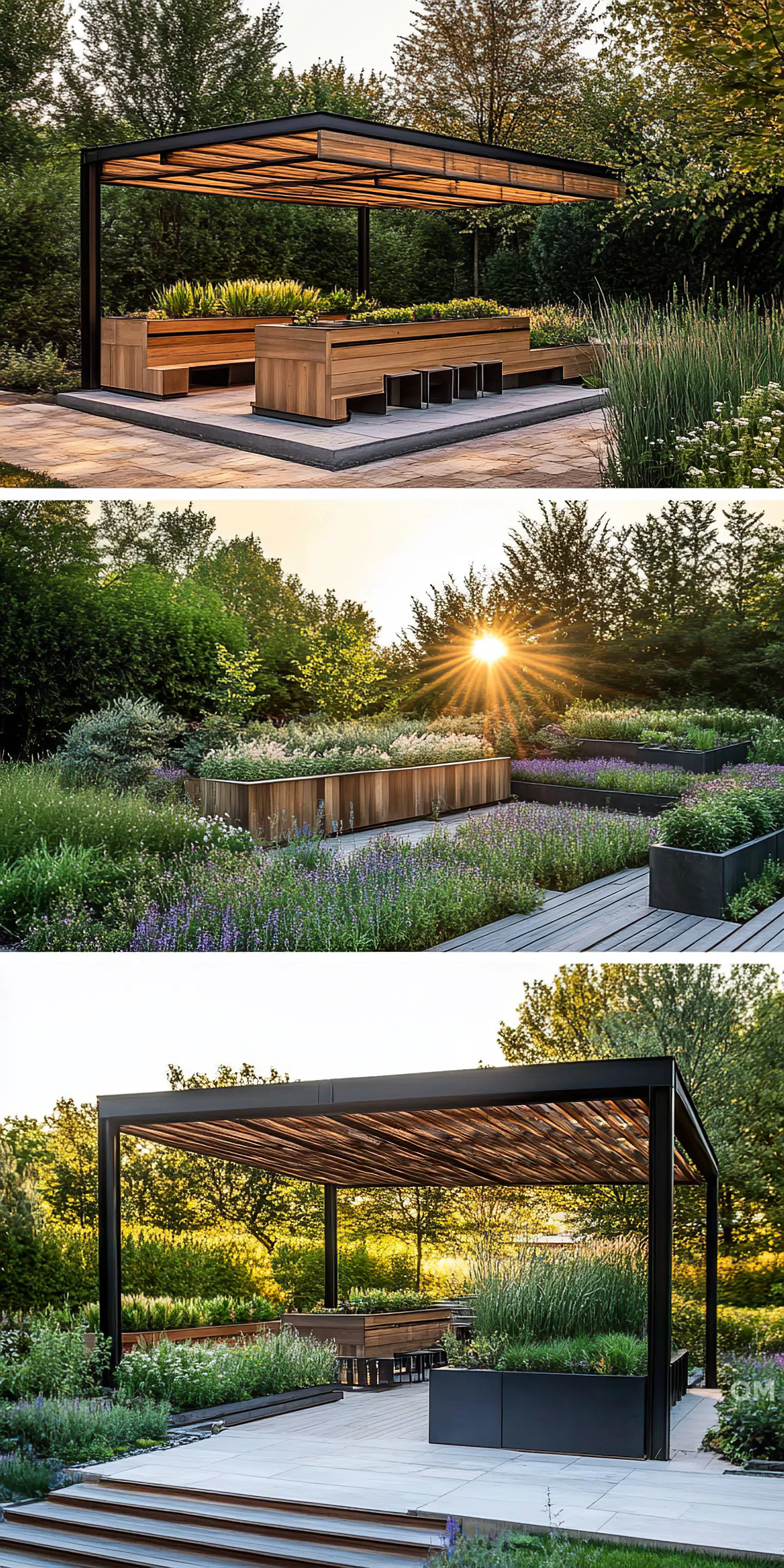 A modern outdoor kitchen pavilion with wooden details surrounded by lush gardens at sunset.