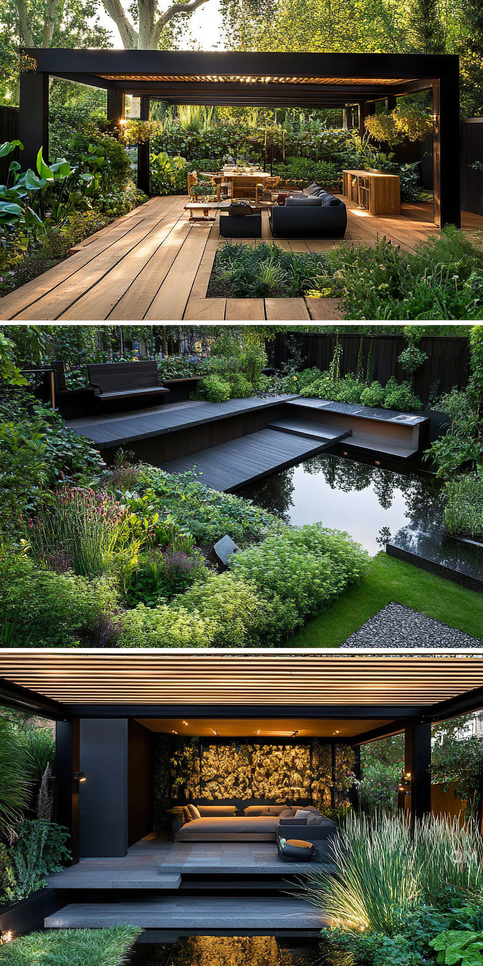 ALT: A modern outdoor living space with a pergola, lush garden, reflective water feature, and cozy seating areas across three scenes.