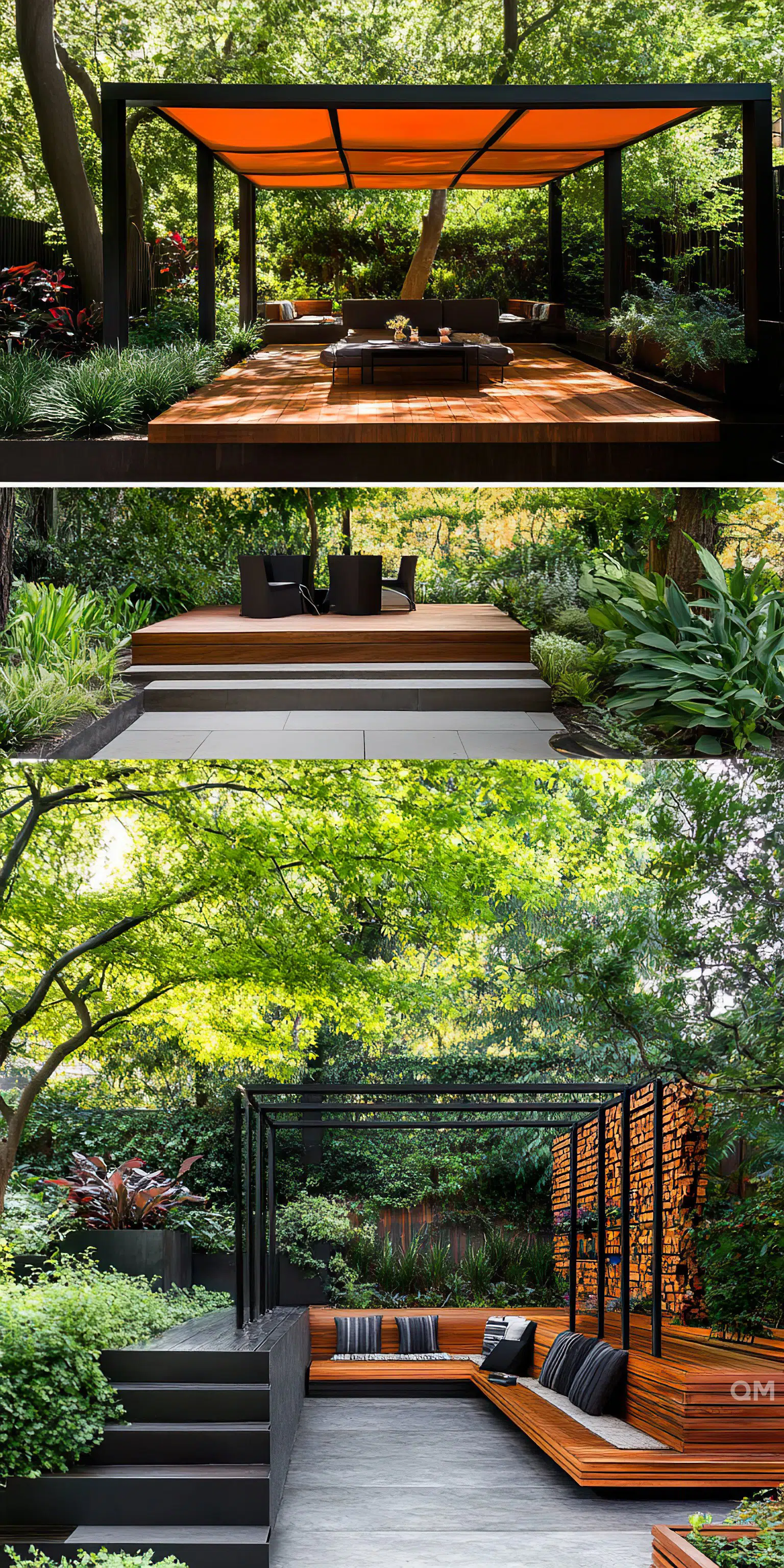 Three images displaying modern outdoor garden furniture with wooden decks, a pergola, and lush greenery.