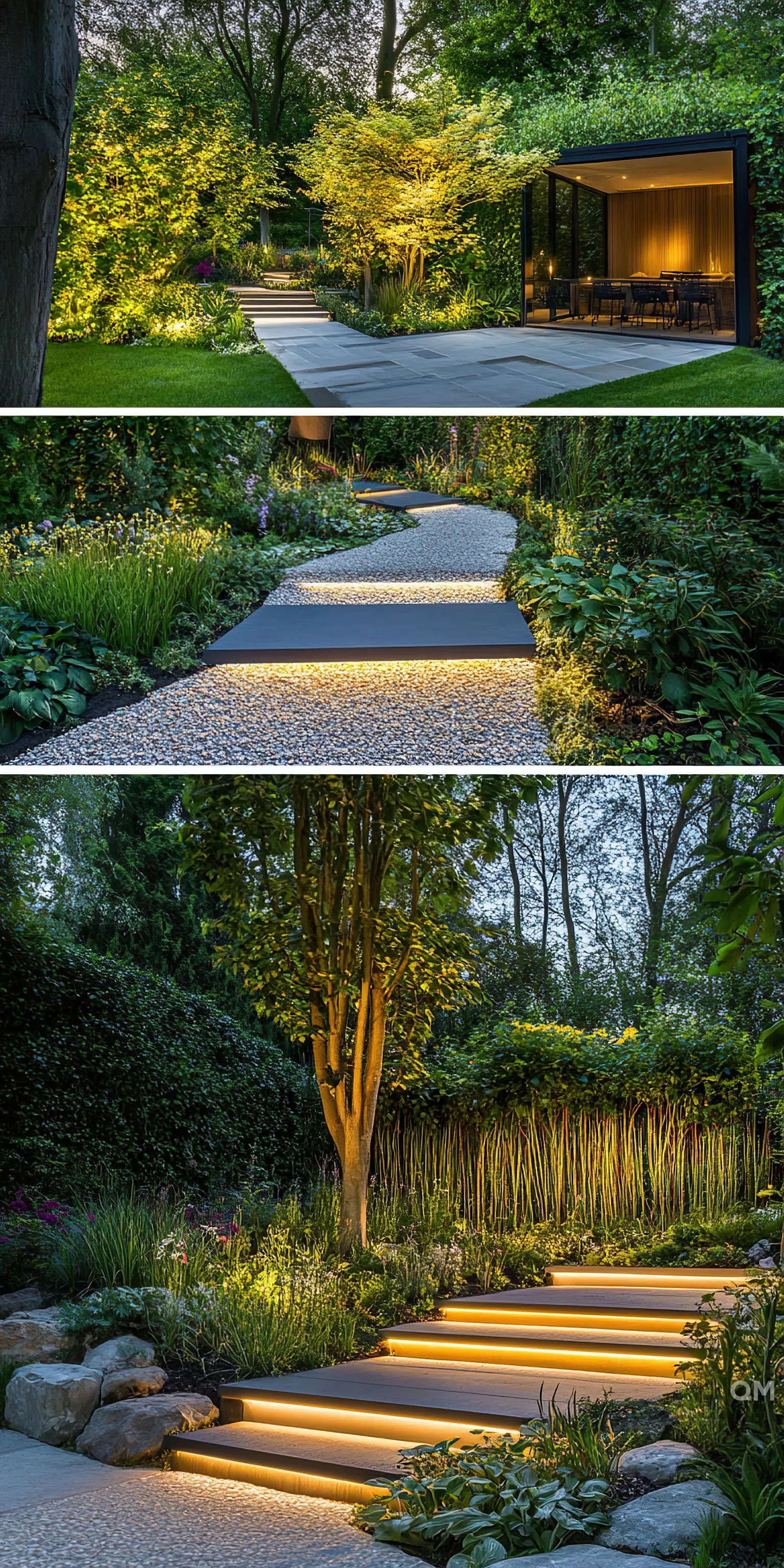 A triptych of a modern garden at different angles, highlighting a pathway with illuminated steps among lush greenery.