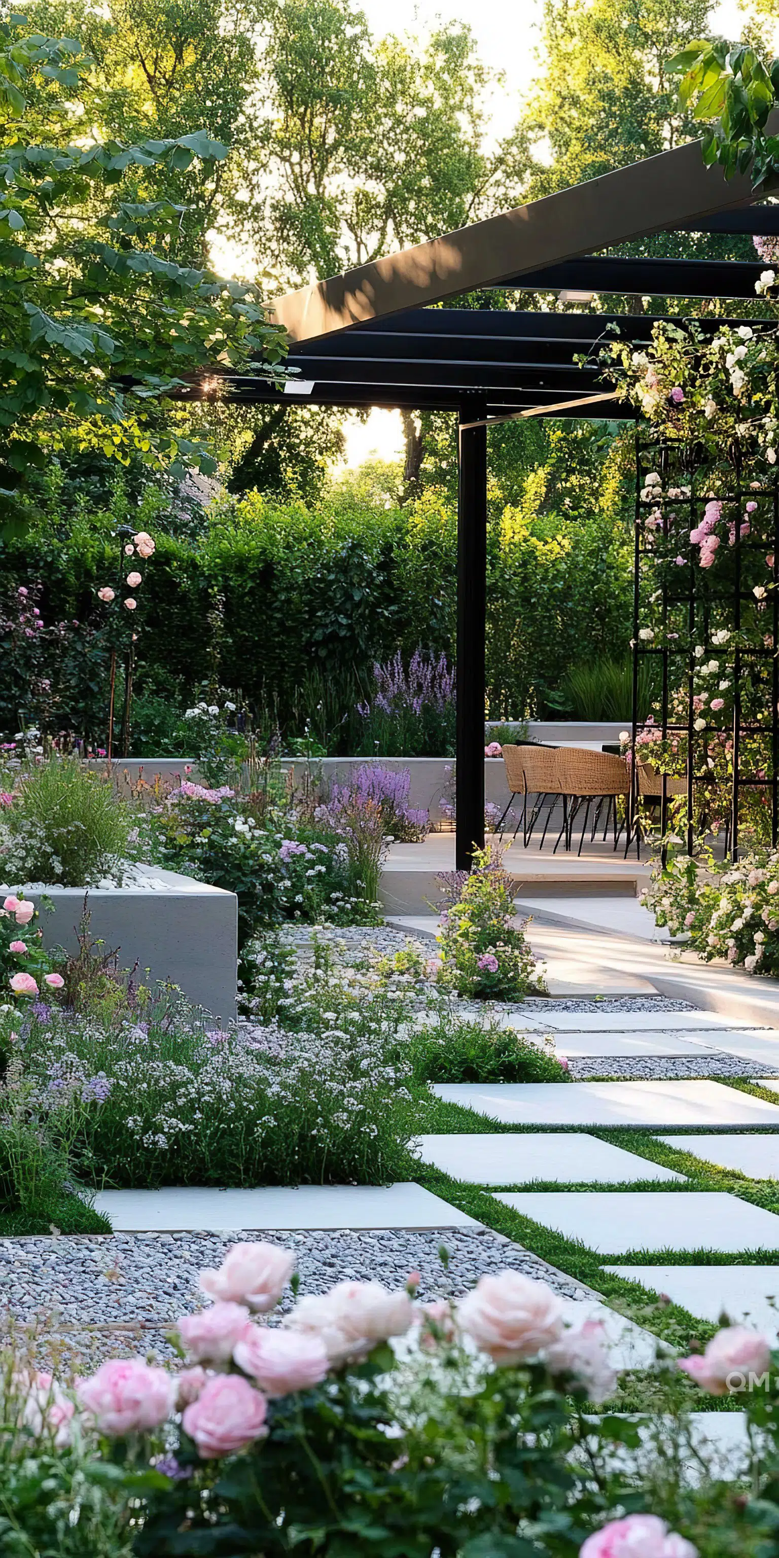 A serene garden with flowering roses, lavender, a modern pergola, and white pathway stones surrounded by lush greenery.