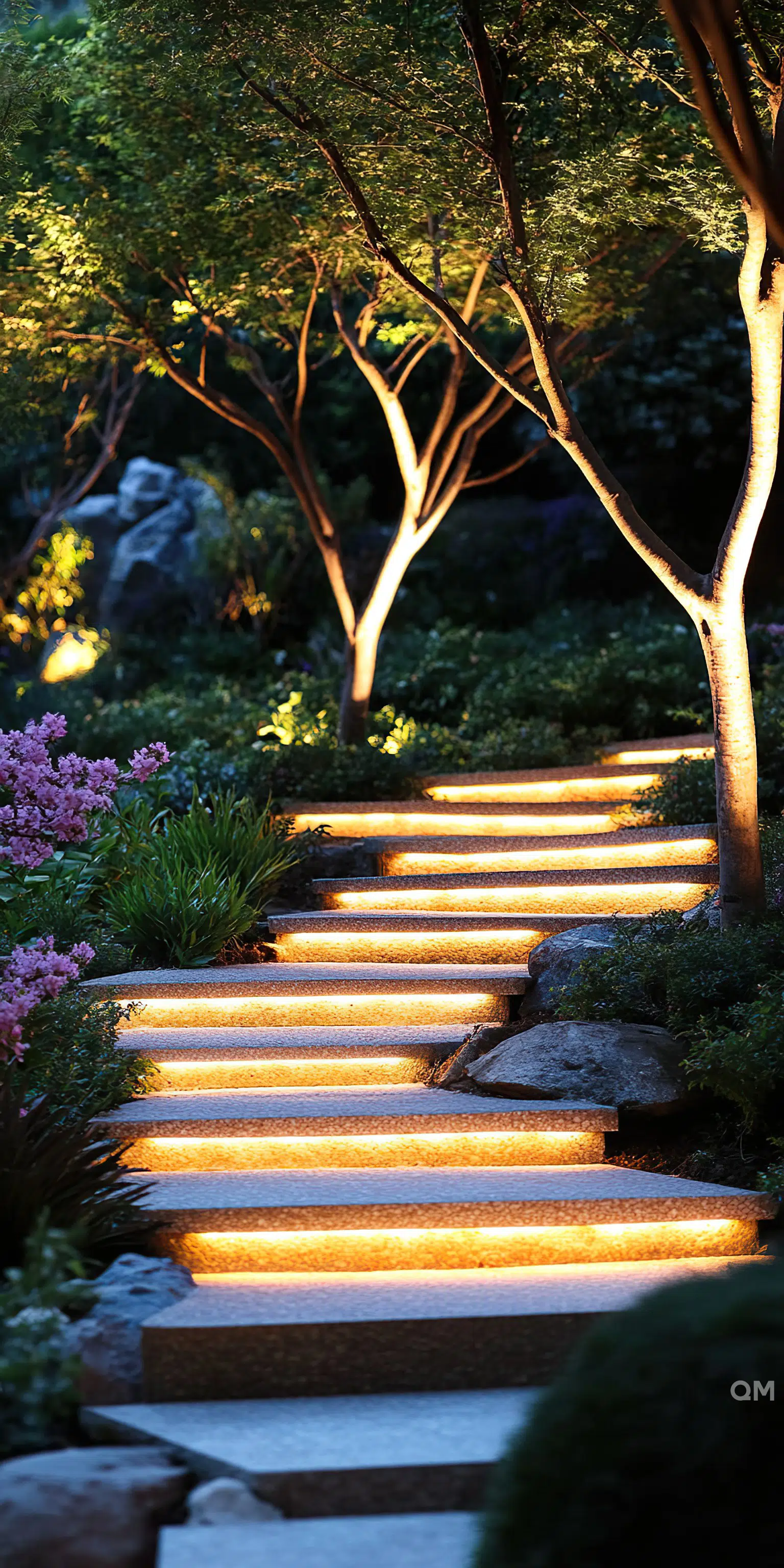 Stone steps with warm lighting nestled in a serene garden at dusk, surrounded by lush foliage and flowering plants.