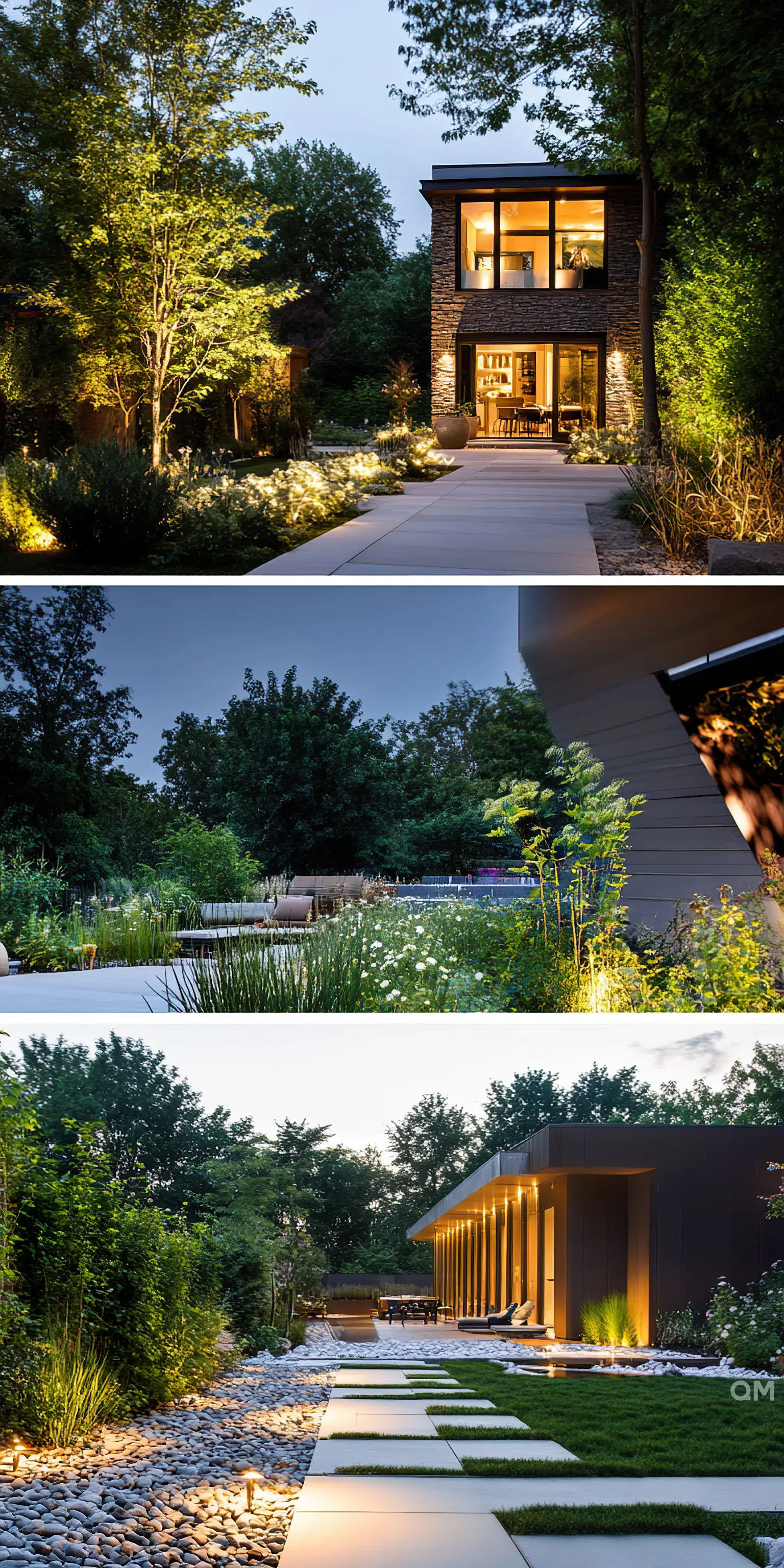 A triptych of modern homes with illuminated landscaping at dusk, featuring pathways, vegetation, and outdoor seating areas.