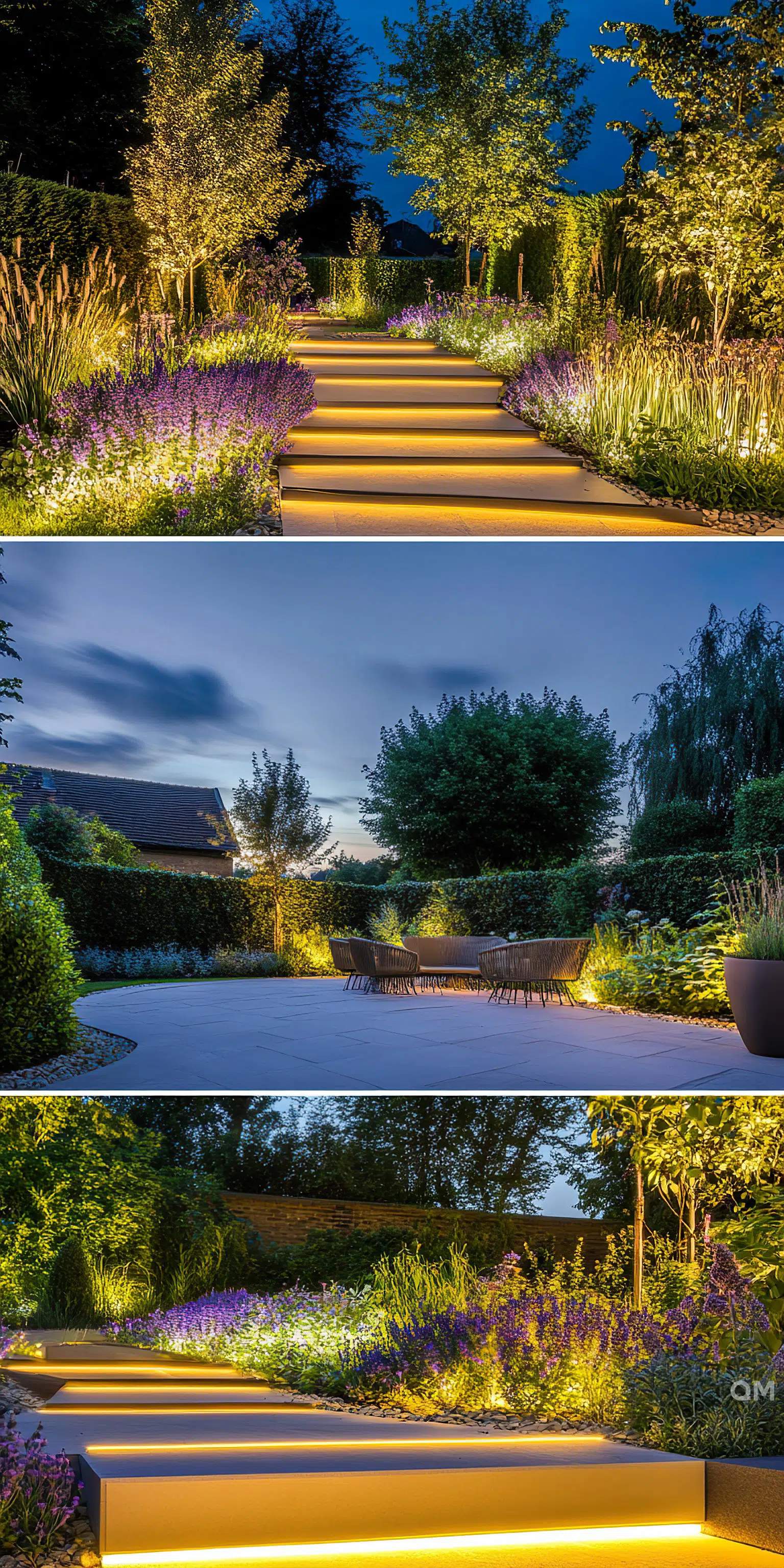 A three-panel montage showing a beautifully lit garden pathway, a seating area under dusk sky, and close-up of illuminated flowers at night.