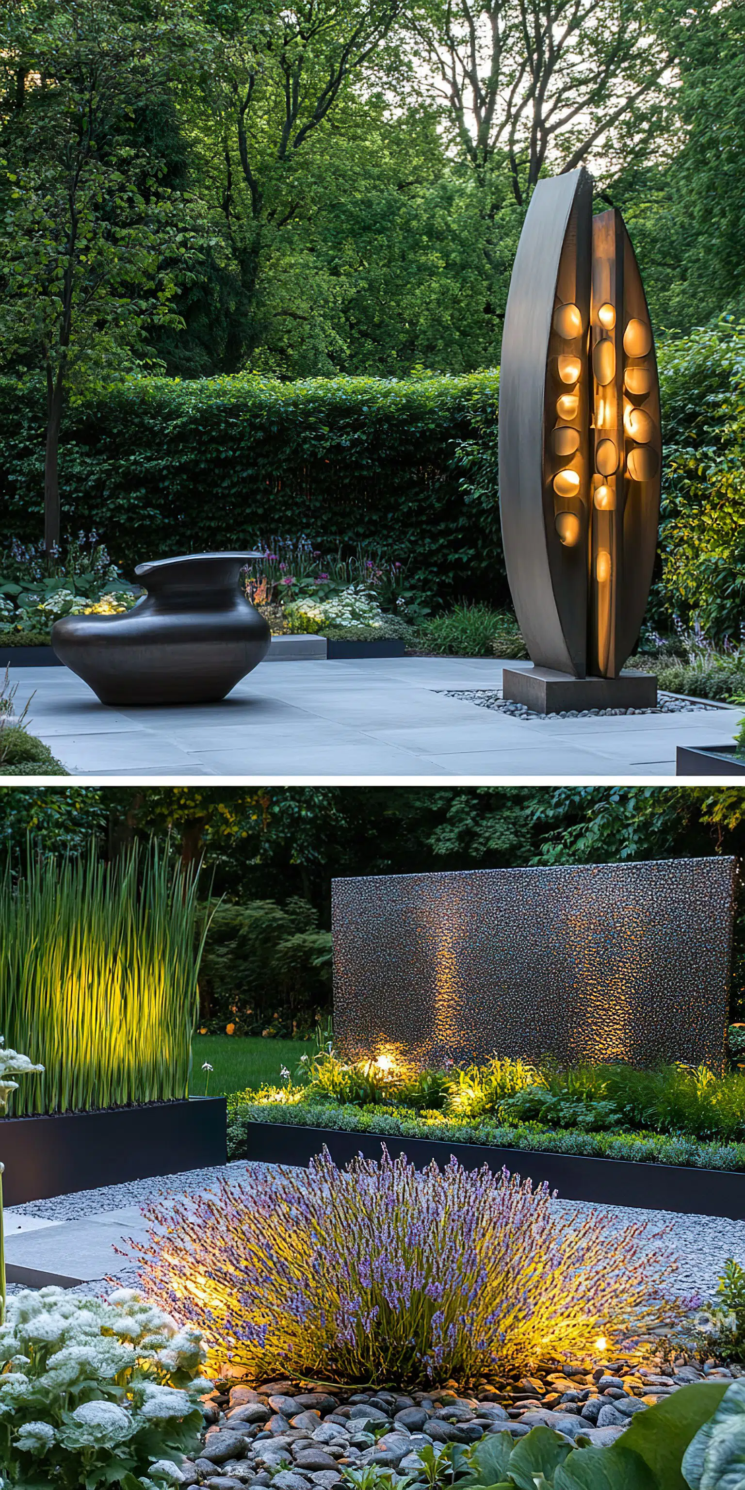 "Two images showing an artistic garden at dusk: the top with a tall, illuminated sculpture, the bottom with lit landscaping features among plants."