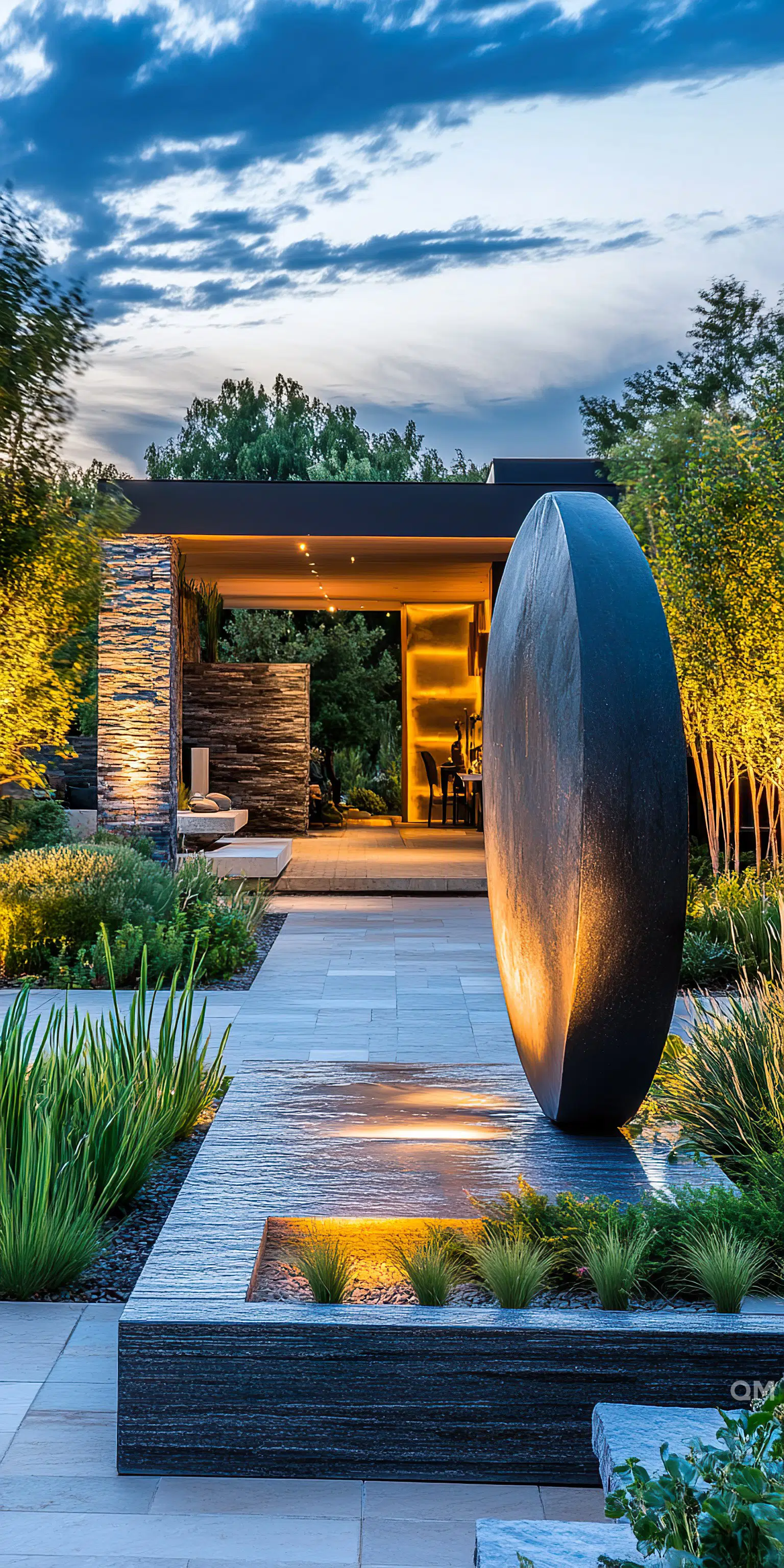 ALT: Modern garden at dusk with a large oval sculpture, water feature, stone walls, lit interior in the background, and lush plantings.