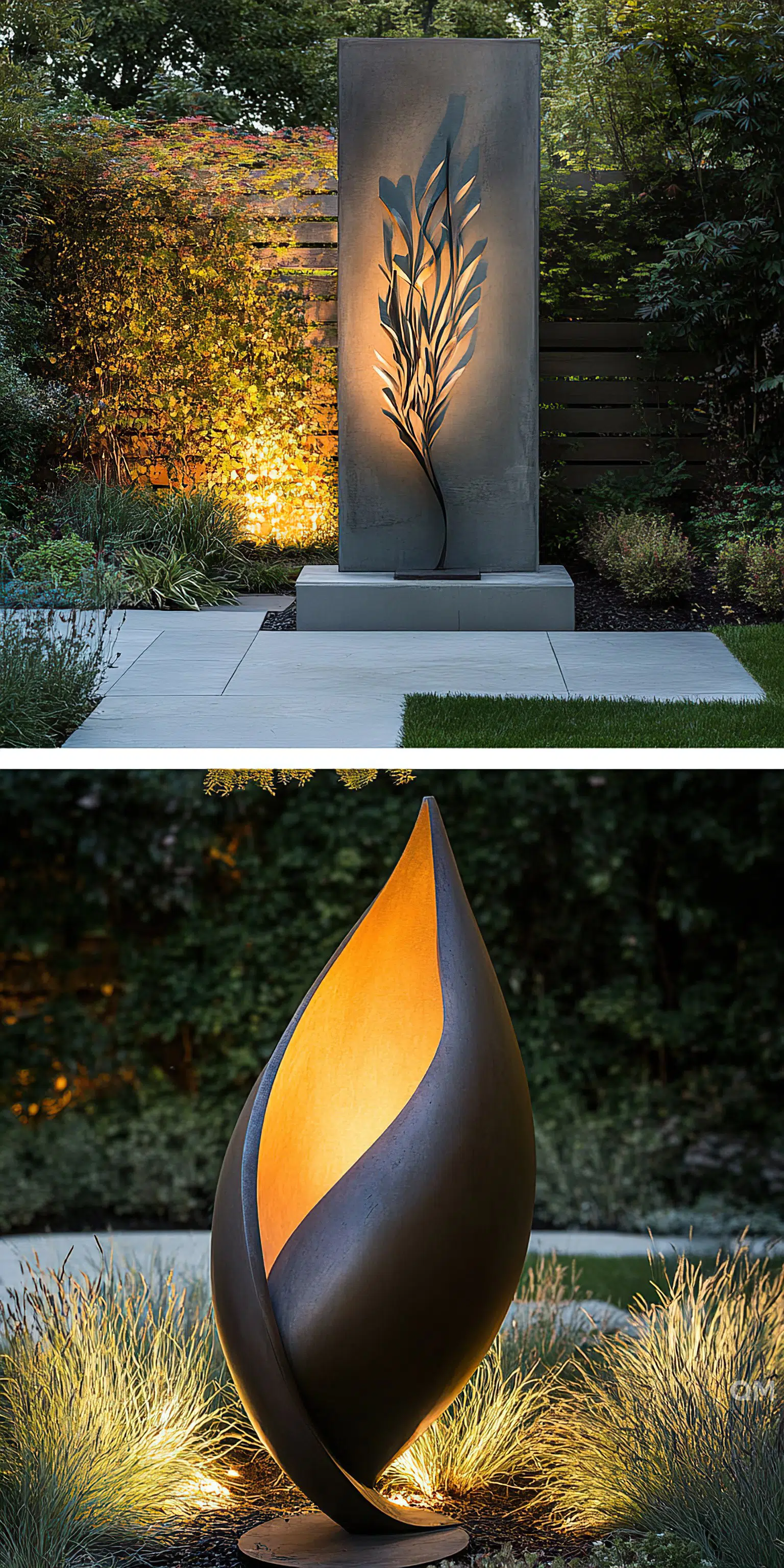 Two outdoor sculptures with illumination: top shows a tall panel with a leaf cutout backlit by sunset, bottom depicts a flame-shaped sculpture glowing internally.