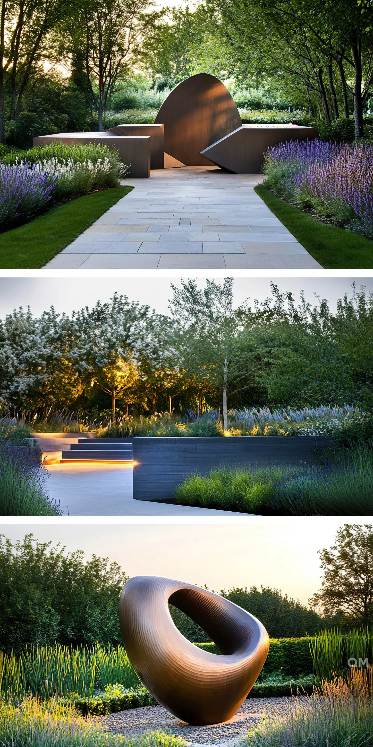 Three images of modern landscape designs with artistic sculptures, lit walkways, and lush greenery during twilight.