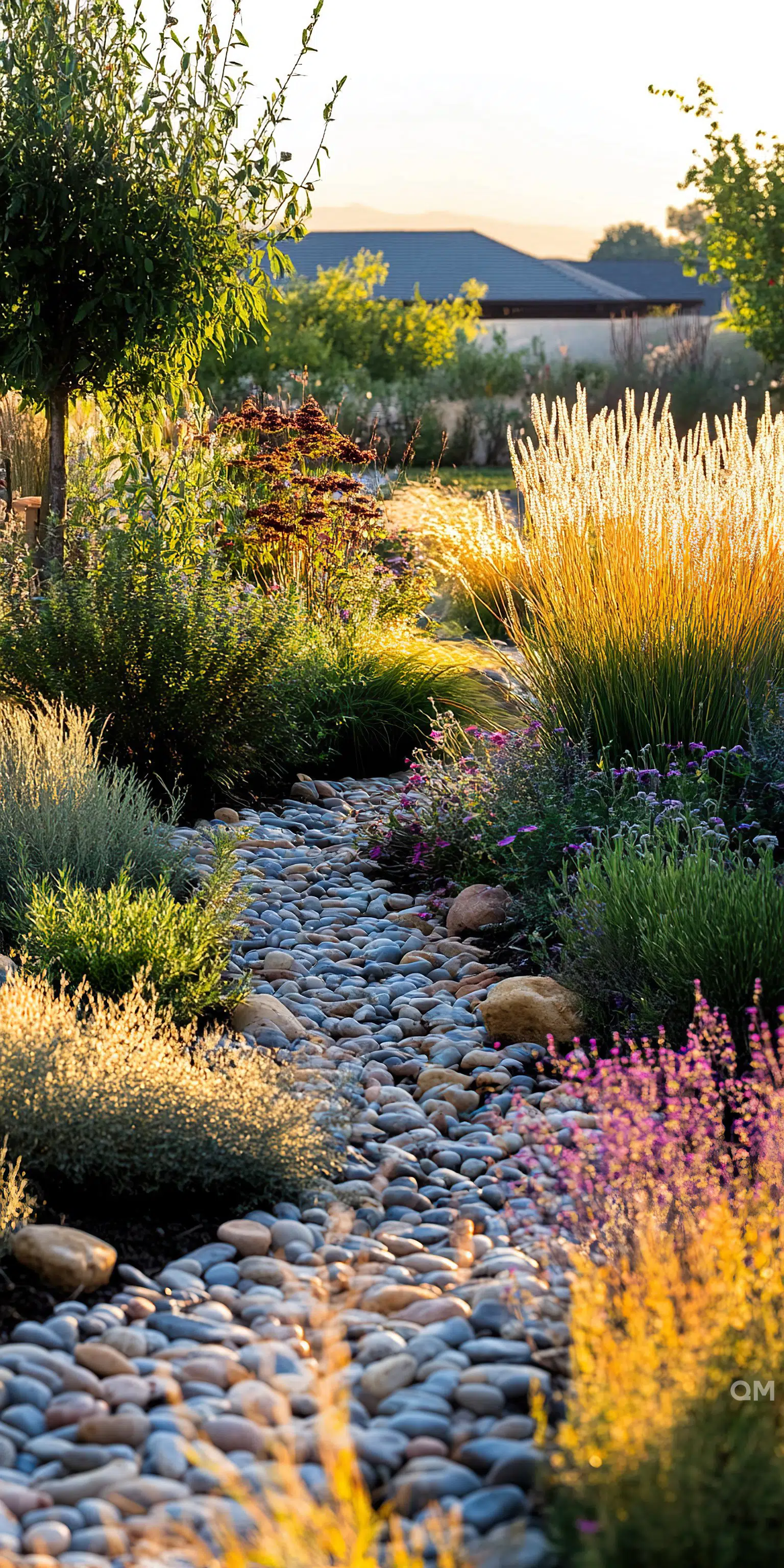 A landscaped garden with a pebble stream, surrounded by flowering plants and grasses, basked in warm, golden sunlight.