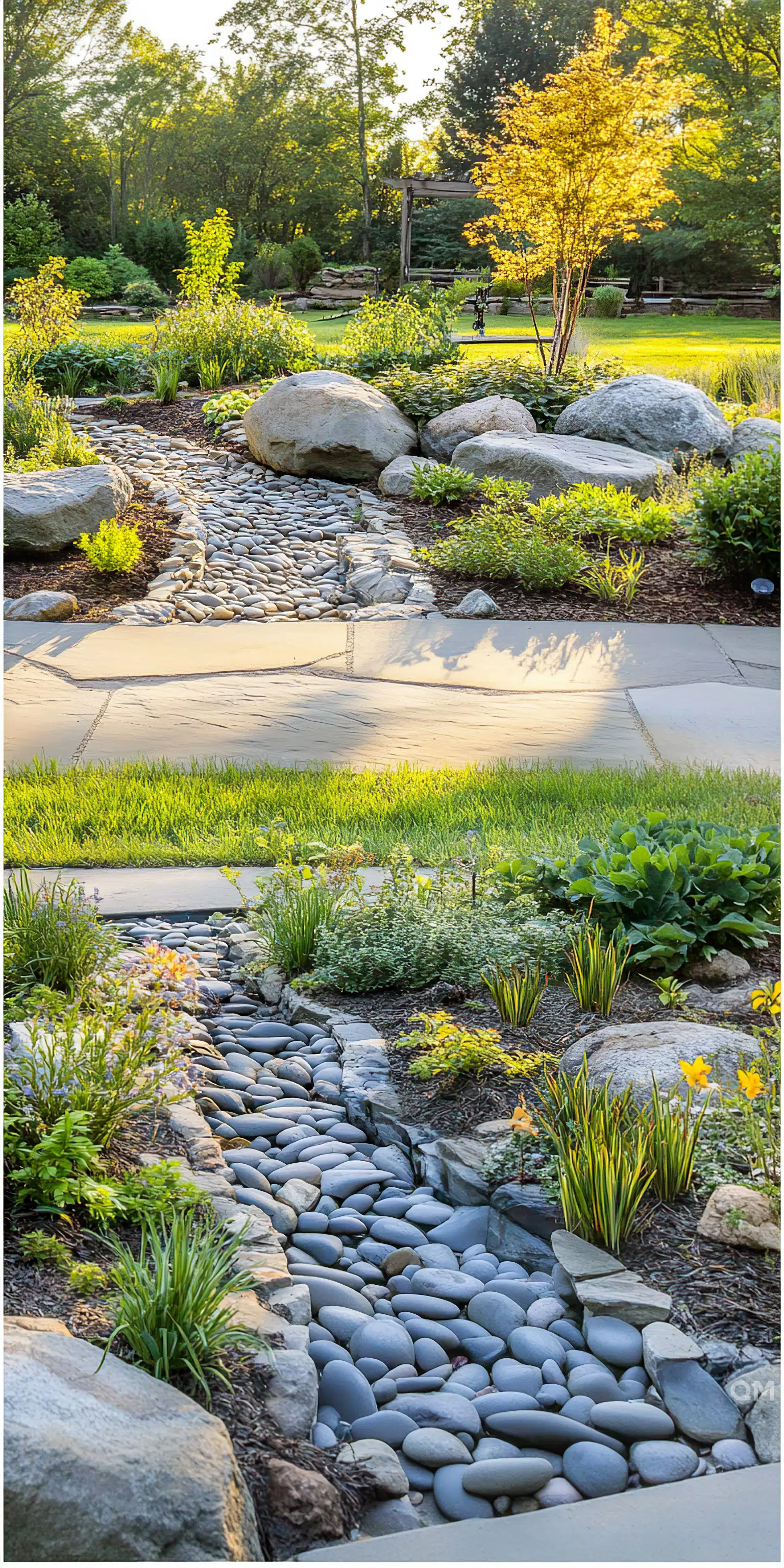 ALT: A landscaped garden pathway with smooth stones, surrounded by green foliage, and a warm backlit tree enhancing the tranquil setting.