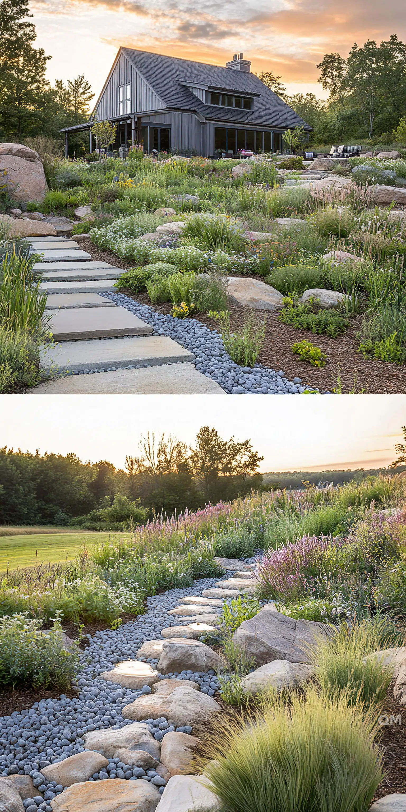 ALT: A modern house with large windows surrounded by a landscaped garden with a stone pathway, rocks, and mixed plantings during sunset.