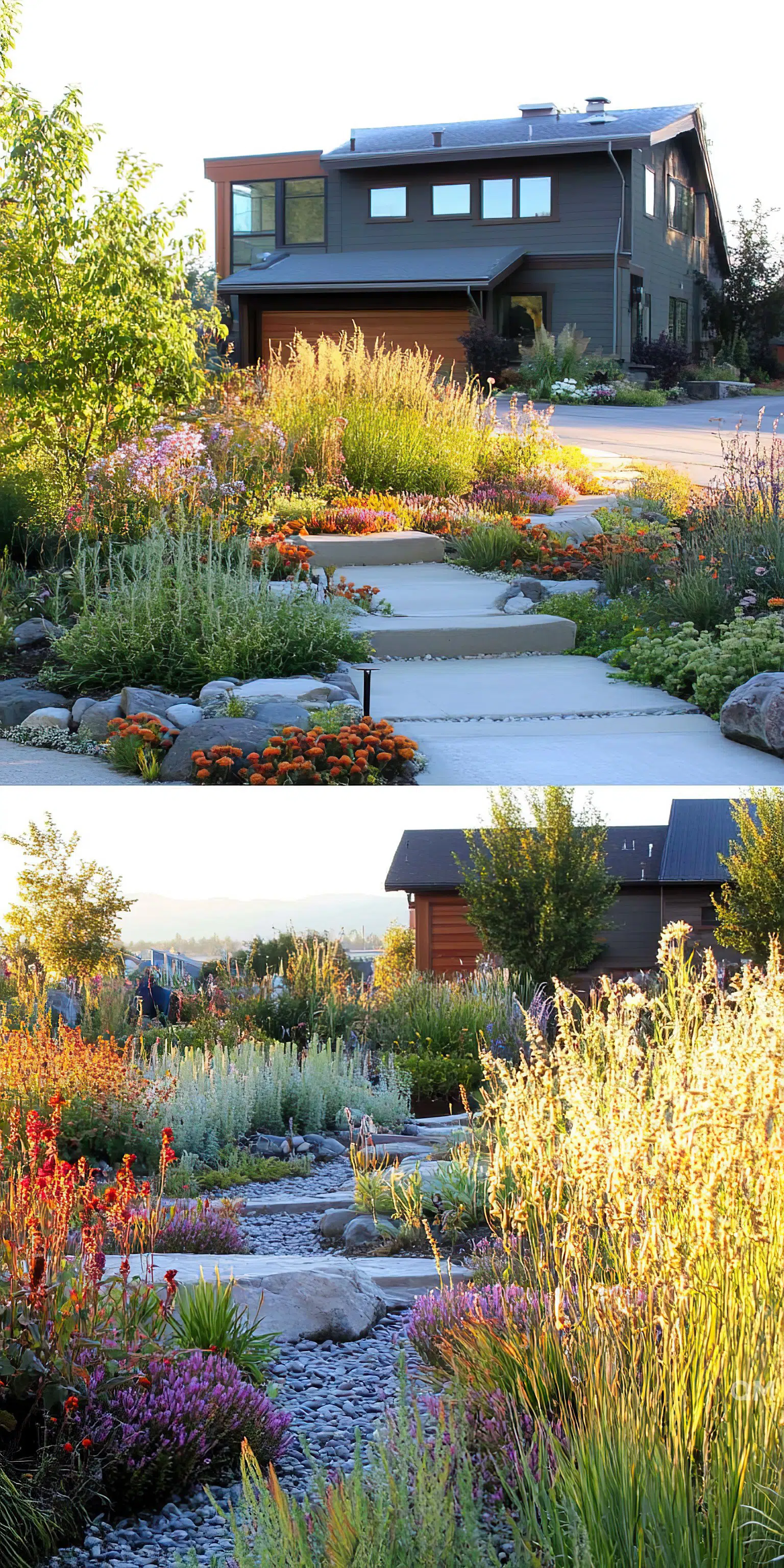 ALT: Two images of a landscaped garden in different light settings, featuring a modern house, a stone pathway, and vibrant, diverse plants.