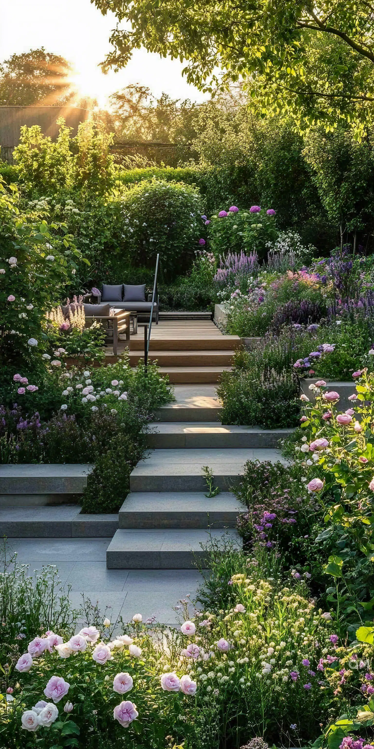 Sunset over a serene garden with flowering plants, stone steps leading to a cozy seating area surrounded by lush greenery.