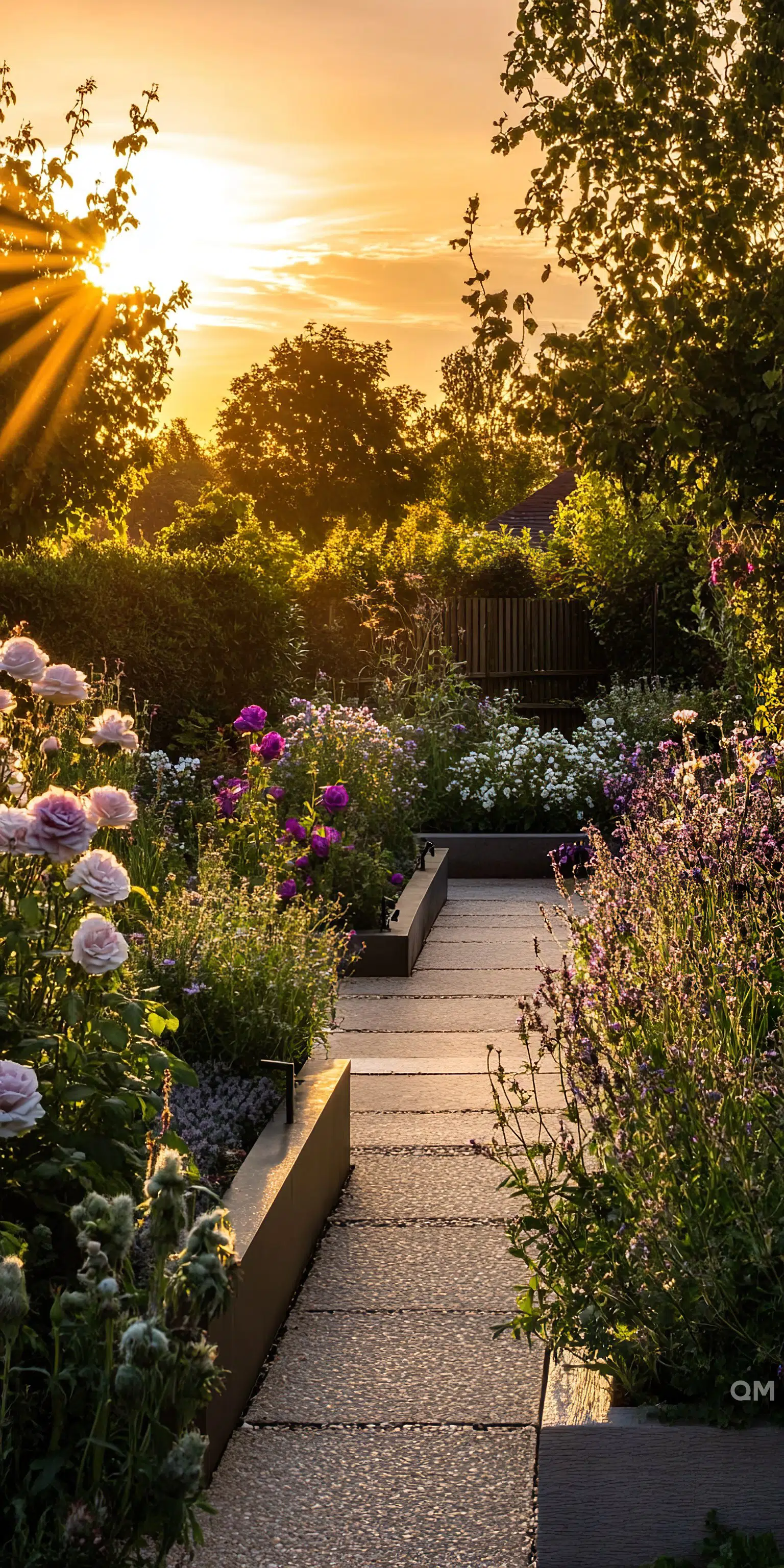 Sunset illuminating a garden path lined with blooming flowers and greenery, creating a tranquil outdoor setting.