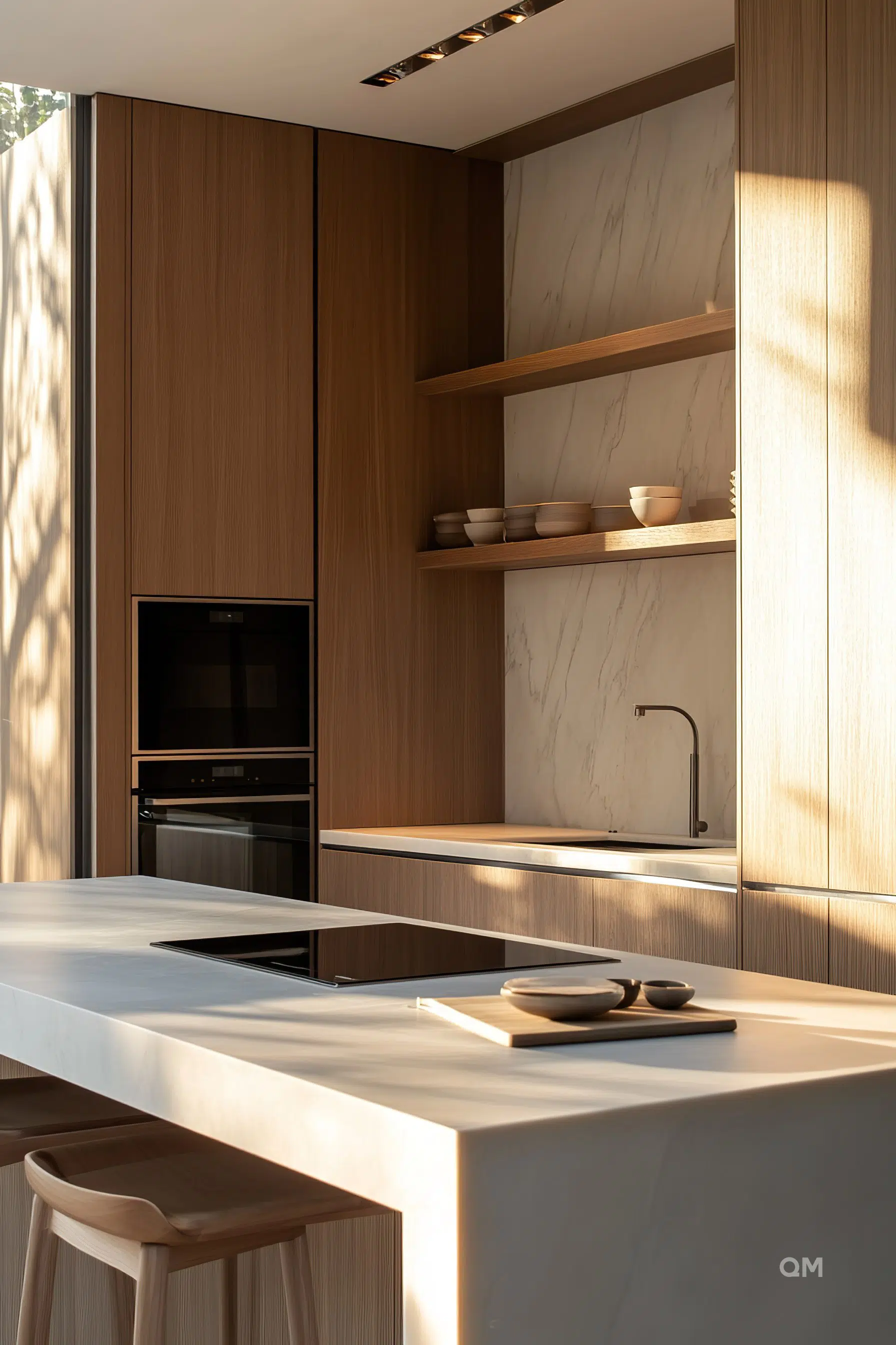 Modern kitchen interior with wooden cabinets, marble backsplash, built-in appliances, and a central island with stools.