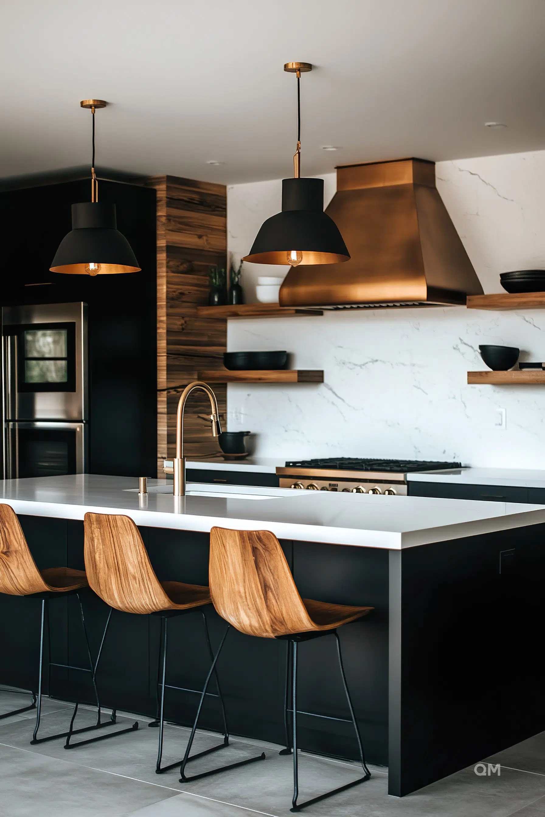 Modern kitchen with wooden accents, black pendant lights, copper range hood, and wooden bar stools at the island counter. Modern kitchen with wooden accents, black pendant lights, copper range hood, and wooden bar stools at the island counter.