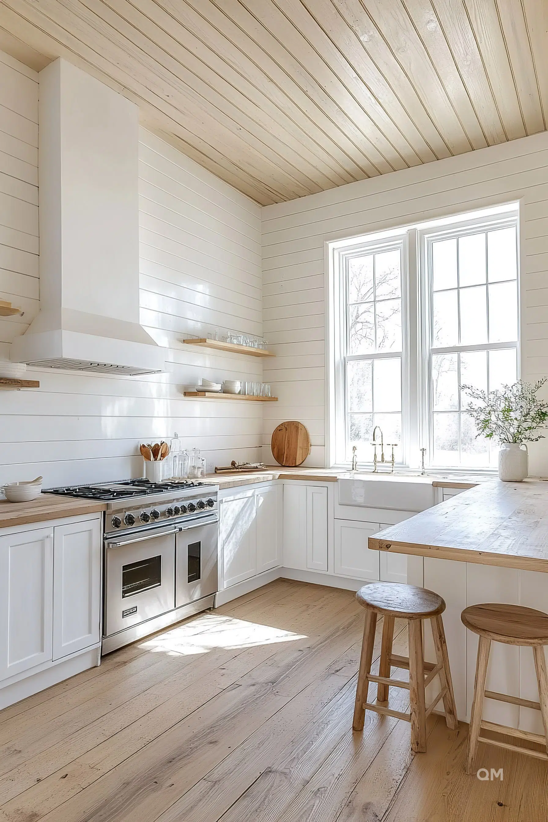 Bright modern kitchen with white cabinetry, wooden counters, stainless steel stove, floating shelves, and large windows with natural light. Bright modern kitchen with white cabinetry, wooden counters, stainless steel stove, floating shelves, and large windows with natural light.