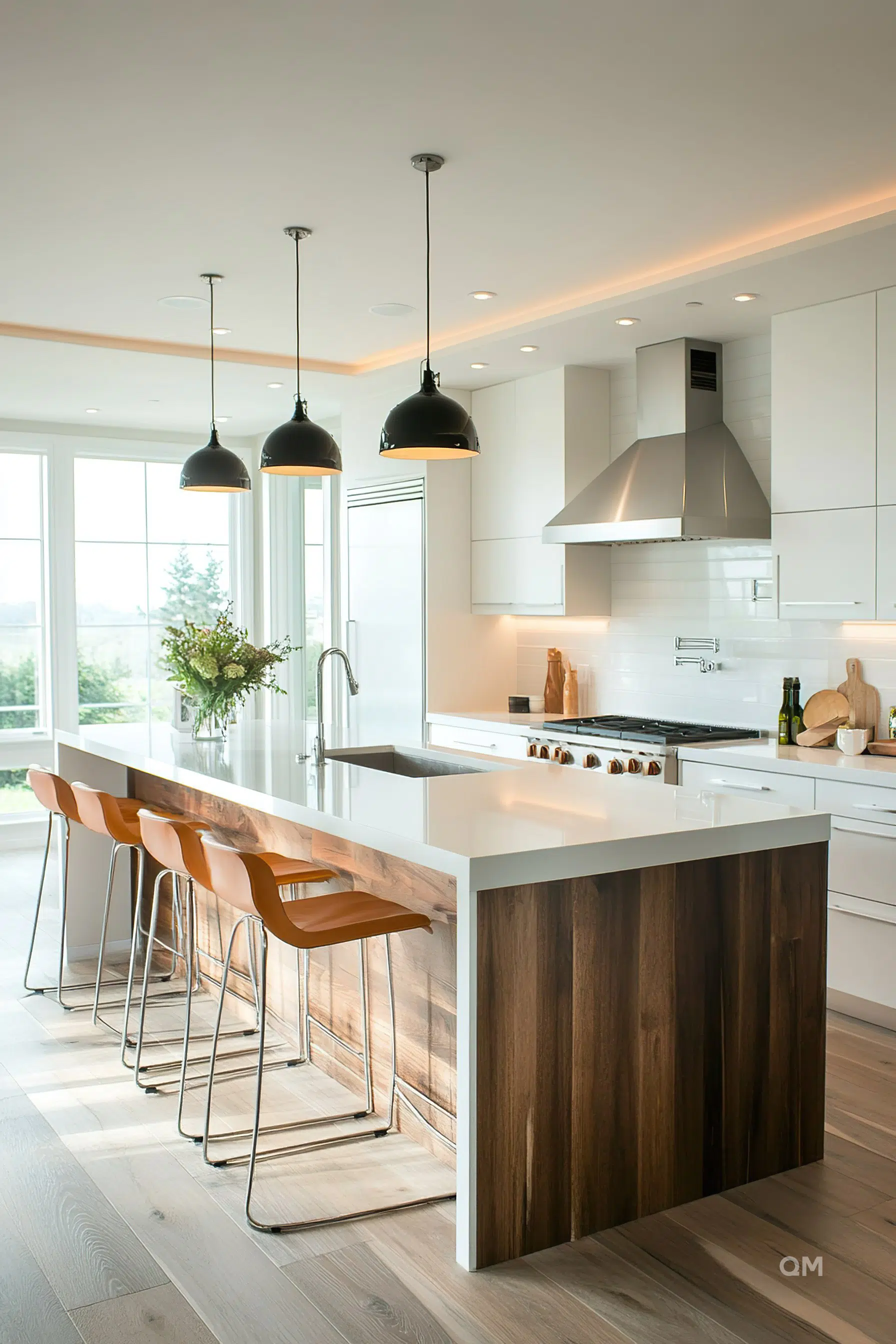 Modern kitchen interior with white cabinets, a wooden island, designer stools, and pendant lights. Modern kitchen interior with white cabinets, a wooden island, designer stools, and pendant lights.