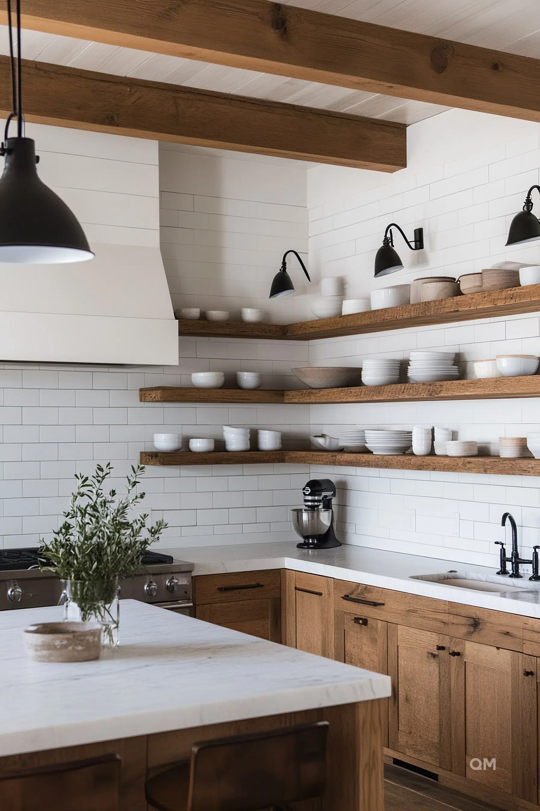 A modern kitchen with wooden shelves, white subway tiles, black accents, and stainless steel appliances. A modern kitchen with wooden shelves, white subway tiles, black accents, and stainless steel appliances.