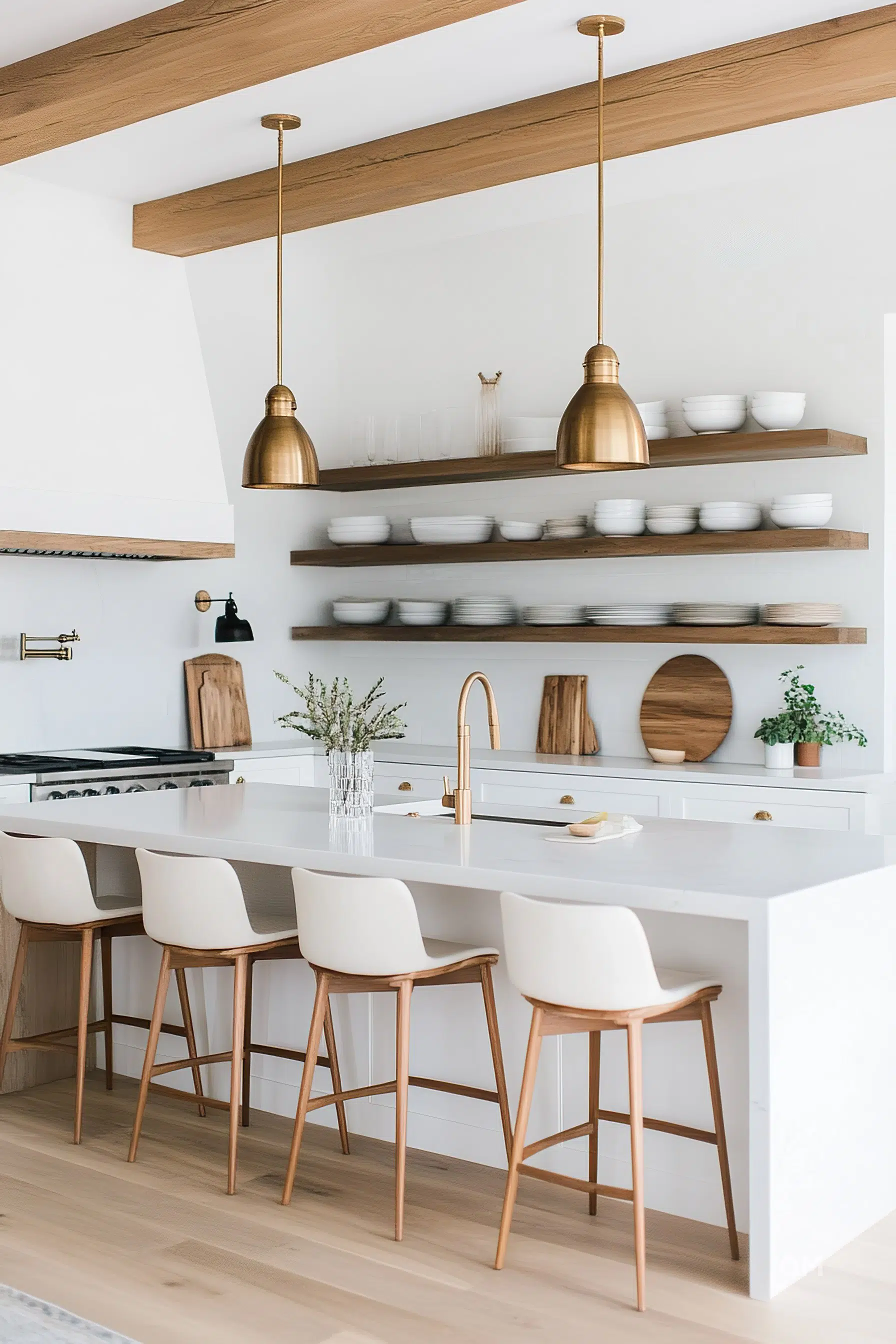 Modern kitchen interior with white countertops, wooden details, and brass pendant lights. Modern kitchen interior with white countertops, wooden details, and brass pendant lights.