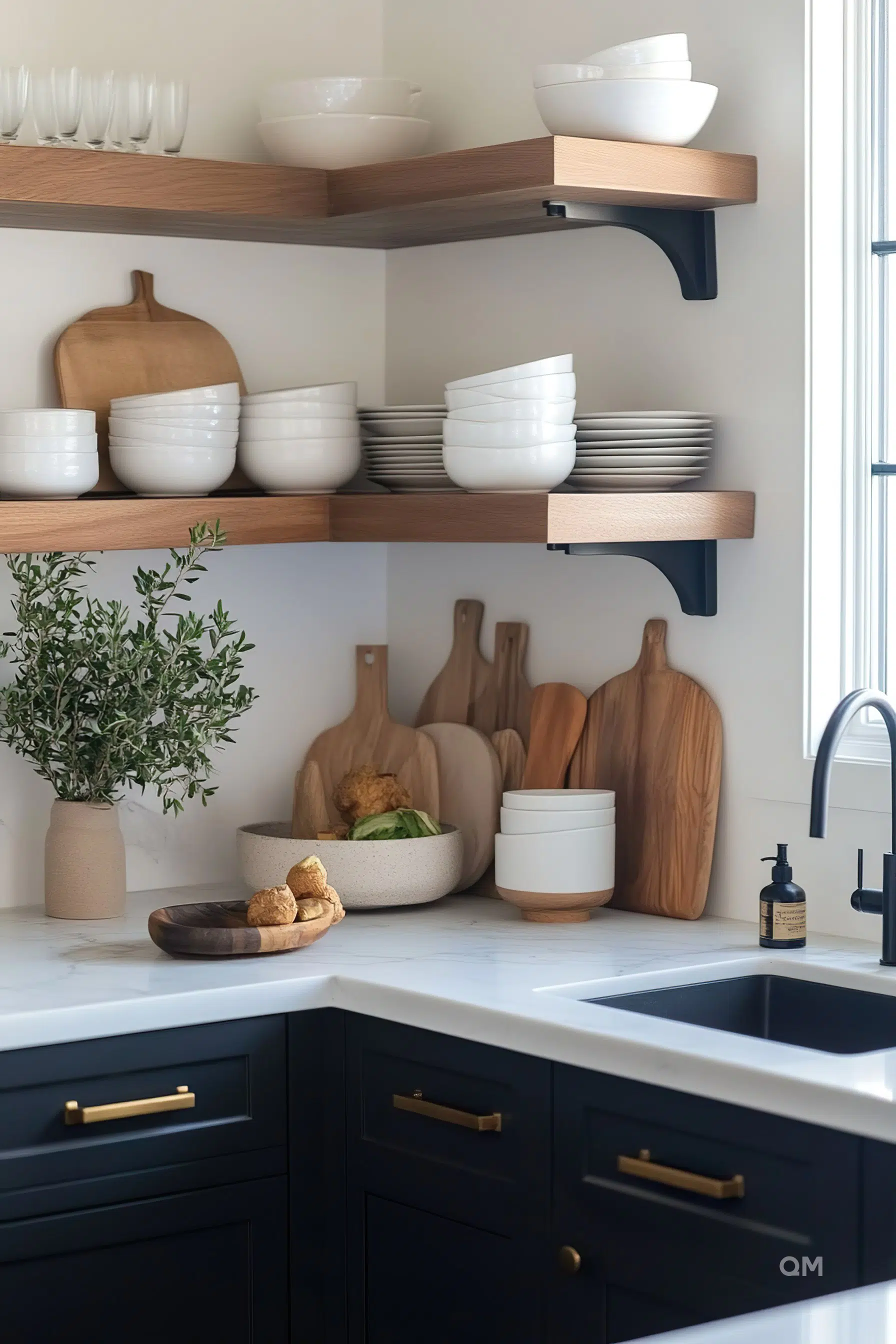 Modern kitchen corner with open shelving displaying white dishes, wooden cutting boards, with black cabinets and gold hardware. Modern kitchen corner with open shelving displaying white dishes, wooden cutting boards, with black cabinets and gold hardware.