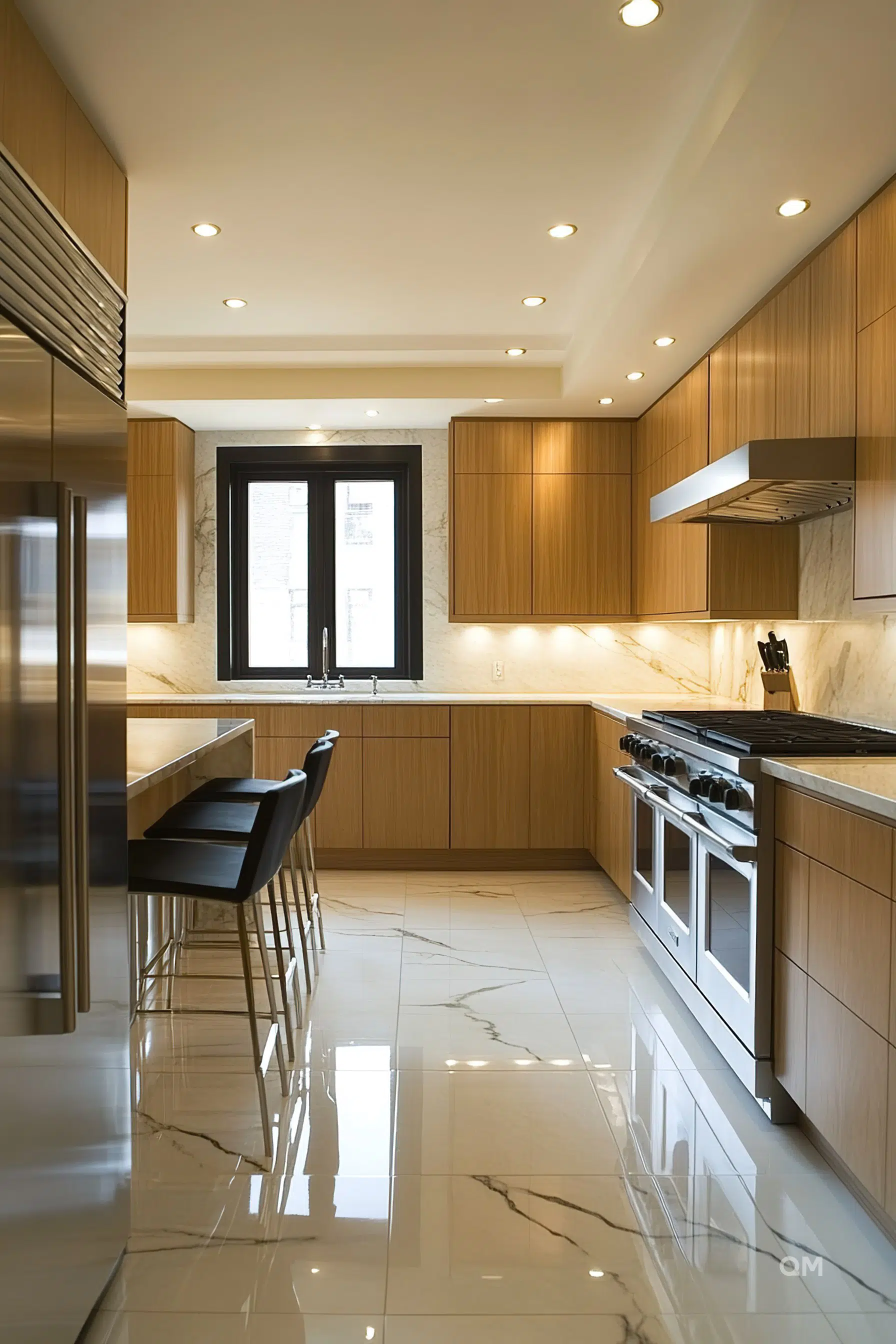 Modern kitchen with wooden cabinets, stainless steel appliances, a marble backsplash, and glossy floor tiles. Modern kitchen with wooden cabinets, stainless steel appliances, a marble backsplash, and glossy floor tiles.