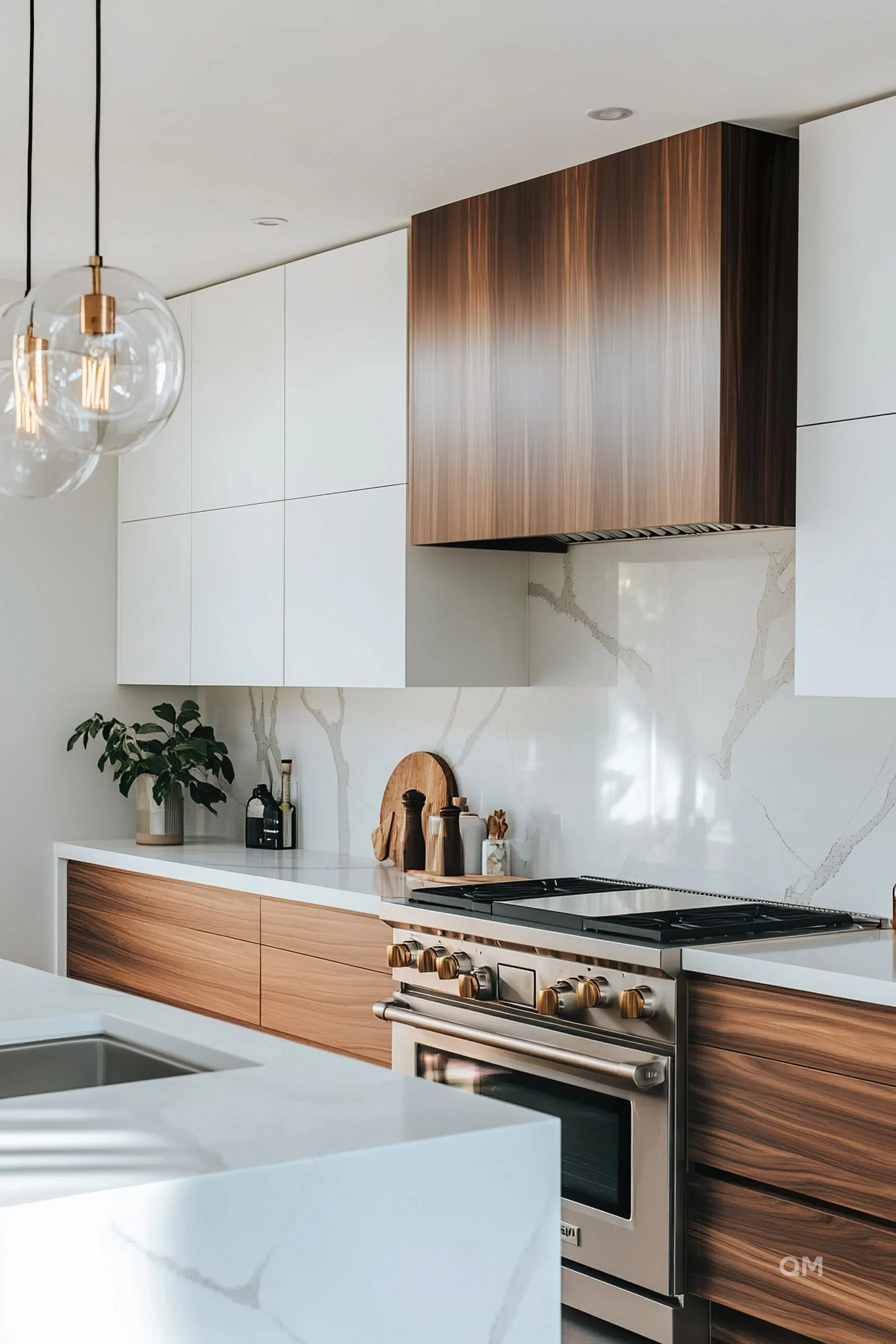 Modern kitchen interior with white cabinets, wooden accents, and upscale appliances. Modern kitchen interior with white cabinets, wooden accents, and upscale appliances.