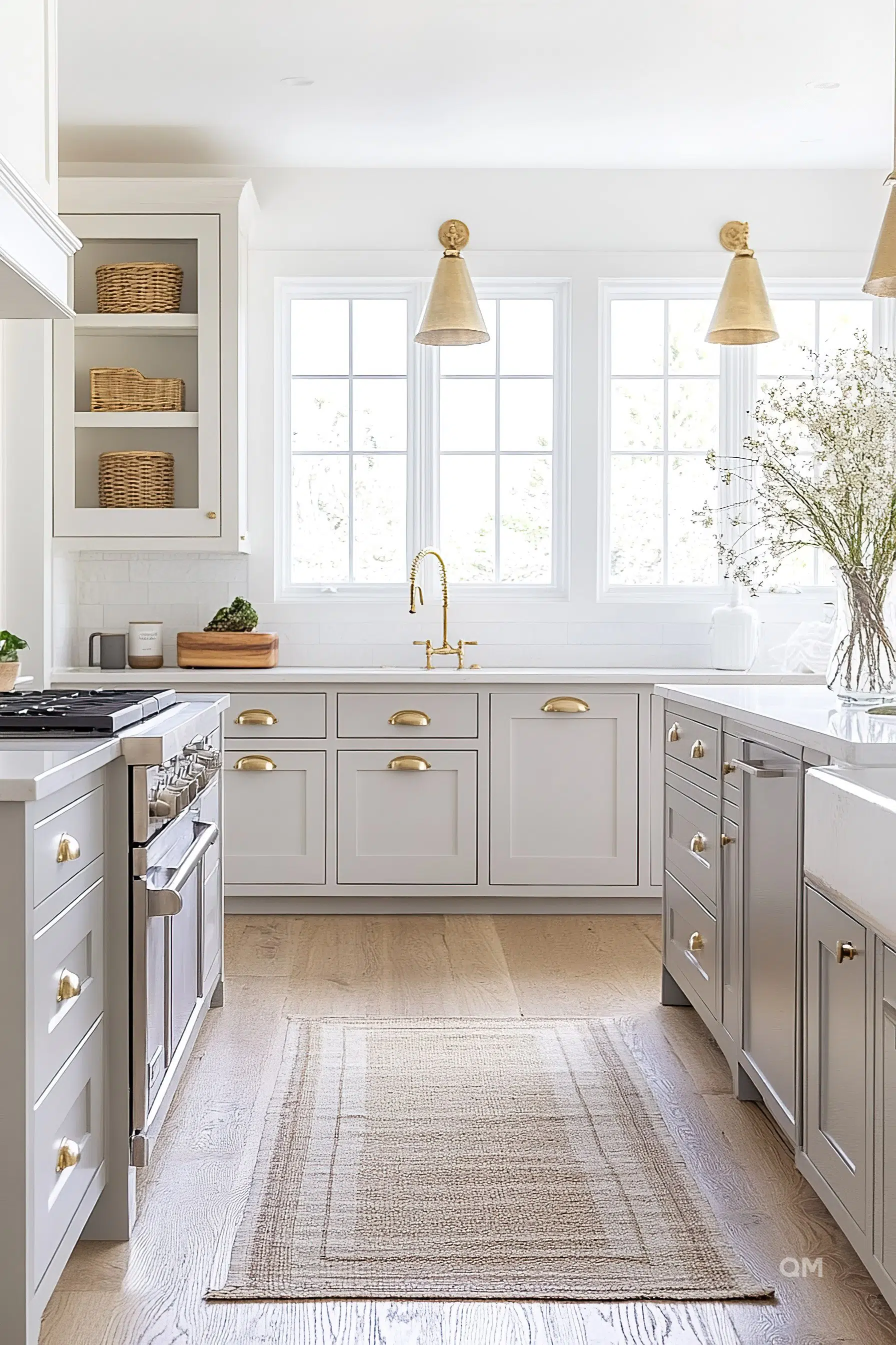 Bright, contemporary kitchen with white subway tiles, brass fixtures, and natural light from large windows. Bright, contemporary kitchen with white subway tiles, brass fixtures, and natural light from large windows.